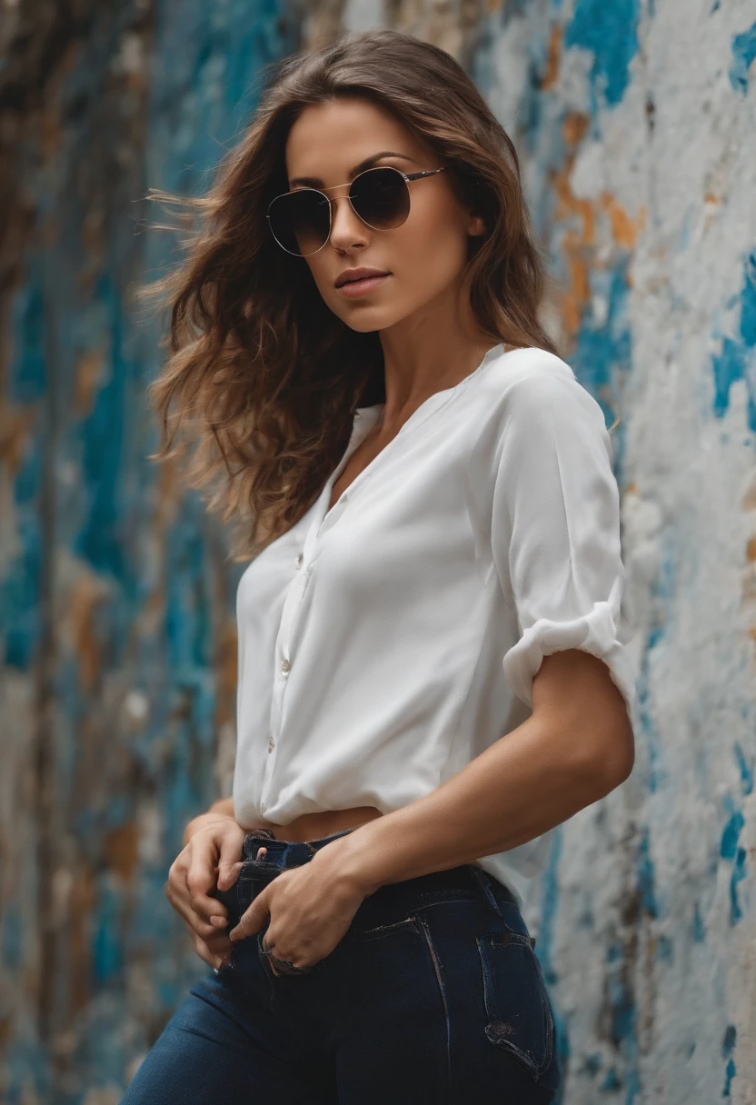 Perfect centralization, mouse bonito, Use uma jaqueta da equipe de estudantes, wearing sunglasses, Usando fones de ouvido, alegria, Standing position, beleza abstrata, Centrado, looking at the camera, Facing the camera, nearing perfection, Dynamic, altamente detalhado, liso, foco nítido, 8k, high-definition resolution, illustration, arte de Carne Griffiths e Wadim Kashin, fundo branco