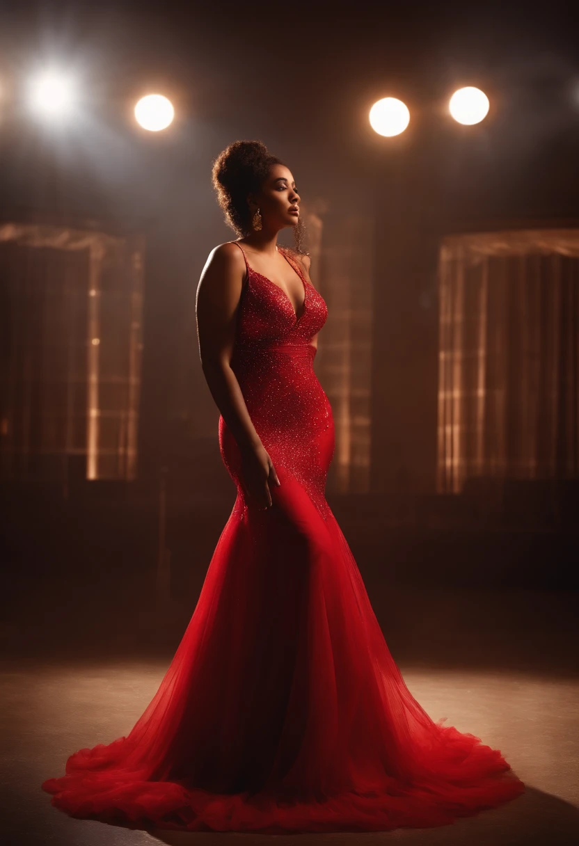 dark mulatto woman, captivating, sensual, Acclaimed body, fleshy and large body, slightly obese, body with great curves, red evening dress, dress with diamonds, dress with shine, shiny dress, golden dress, long hair, attractive look, frontal pose, depth camera, wide shot, wide shot, Long shot, high definition, 8k, captivating photorealistic,