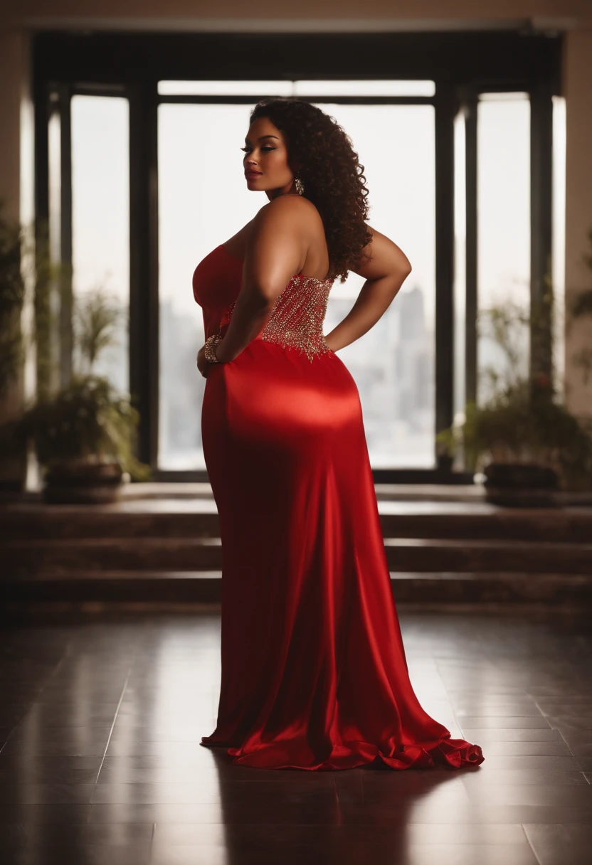 dark mulatto woman, captivating, sensual, Acclaimed body, fleshy and large body, slightly obese, body with great curves, red evening dress, dress with diamonds, dress with shine, shiny dress, golden dress, long hair, attractive look, frontal pose, depth camera, wide shot, wide shot, Long shot, high definition, 8k, captivating photorealistic,