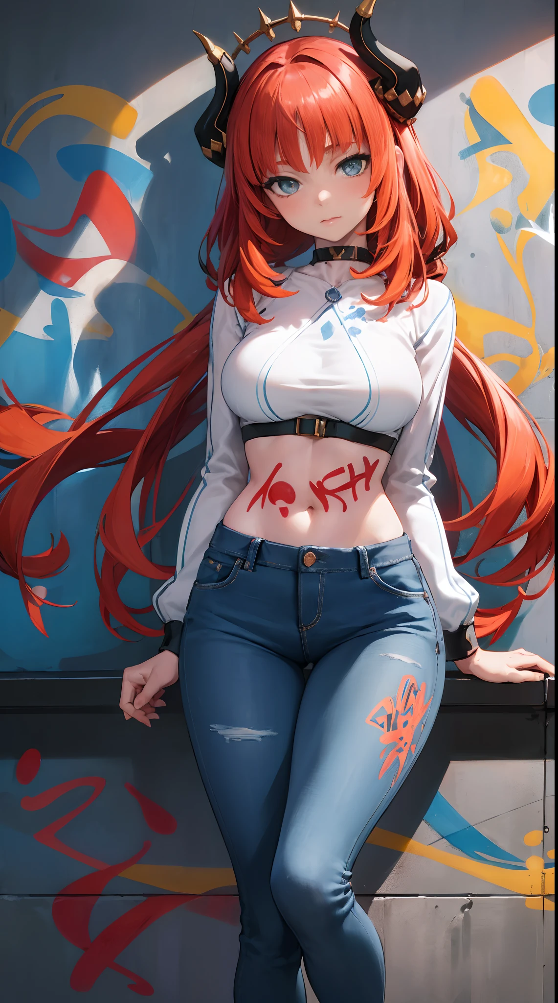 nile|genshin impact, master-piece, bestquality, 1girls,25 years old, proportional body, elongated legs, Beautiful, proportional., crop top, Long Jeans, mediuml breasts, ,bara, crop top, choker, (Graffiti:1.5), Splash with purple lightning pattern., arm behind back, against wall, View viewers from the front., Thigh strap, Head tilt, bored,(NSTDA.:1.2), (10, beste-Qualit, master-piece: 1.4), Beautiful red hair, ultra-high resolution, (lifelike, photorealistic portrait: 1.48), 20 age, Cute Girl, (Looking Through Crop Tops.), Famous Japanese actors, beautiful clear eyes, Head tilt, cowboy shot, from the front, looking at the audience, expressionless, Beautiful lake, Zeiss 150mm F/ 2.8 Hasselblad, Whole body, foot, Ultra-Wide Angle,