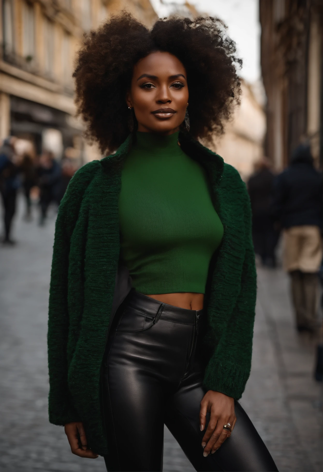 tmasterpiece, beste-Qualit, A dark-skinned black woman wearing a detailed green turtleneck sweater with an intricate black jacket with very short denim shorts at a street party, Asymmetrical afro haircut, ventre, sourire, bosseler, Ultra crazy dedications, extreme intricate details, Bumpy gap, cul autour de HDR, natural light, volumetric shading, pose dynamique, hyper-realistic, realistic lighting, ombres dramatiques, Mise au point rigide, high contrast, ombres dramatiques de perspective dramatique,