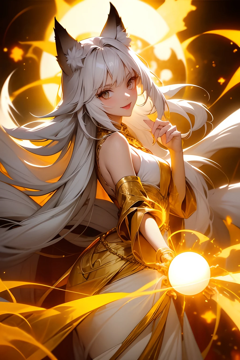 1girl,  tight body, gold eyes, very pale skin, super saiyan, black hair, wide-eyed, glowing golden eyes, fluorescent eyes, multiple eyes, fox ears, fox tail happy, laughing