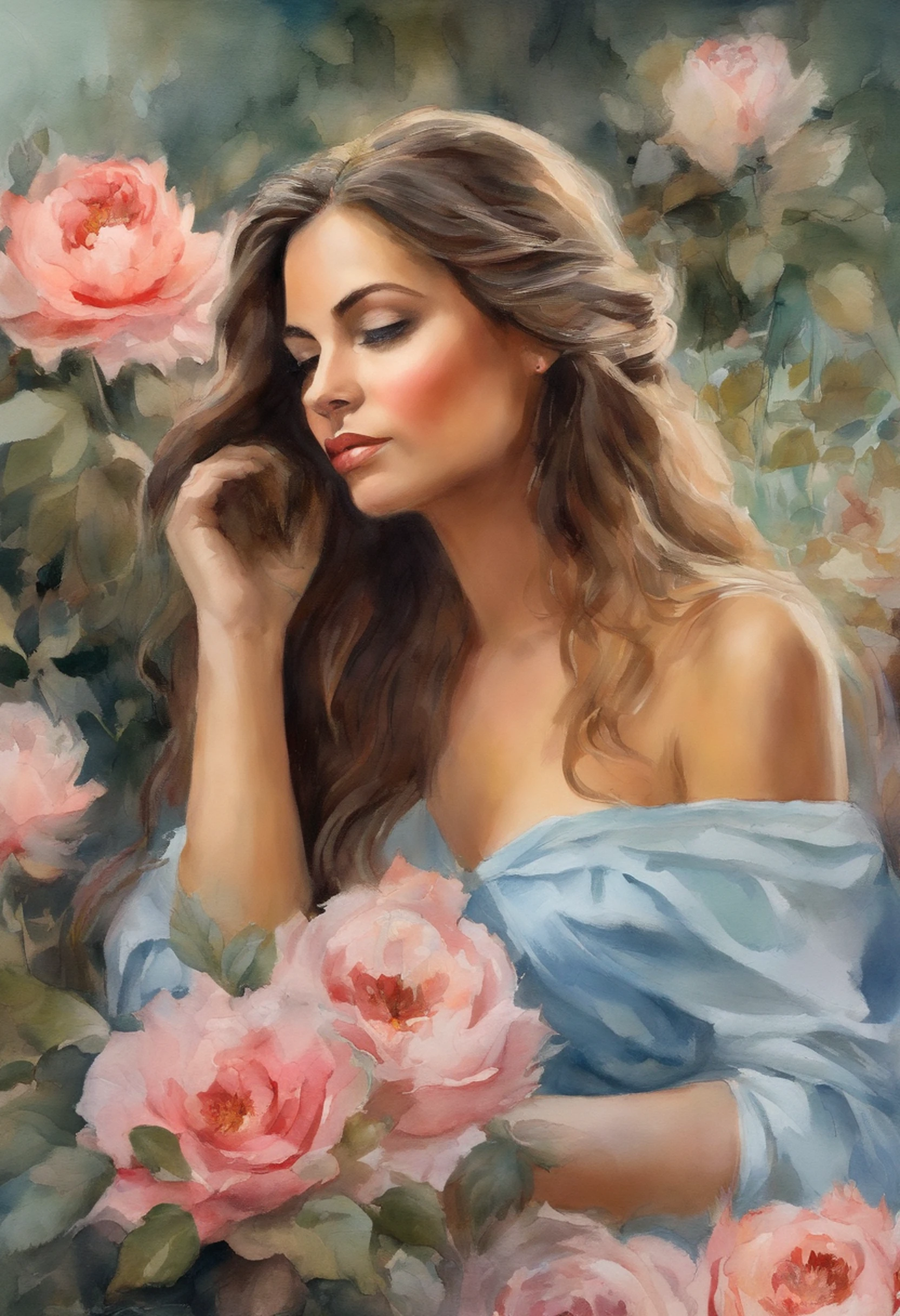 (obra-prima, melhor qualidade),1Menina morena com cabelo escuro sentada em uma poltrona de plantas e flores cor-de-rosa, the hand under his chin, warm lighting, Sky blue dress, close-up desfocado