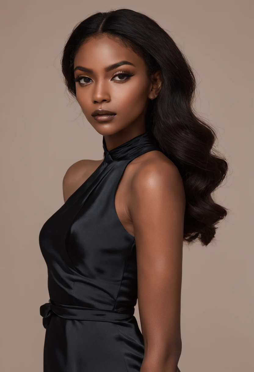 Black Woman The Mysterious Look
Create a mysterious huspanic look by looking over your shoulder while wearing a chic silk dress. Drop your frizzy hair in front of your face and add stylish heels for an even more captivating effect.