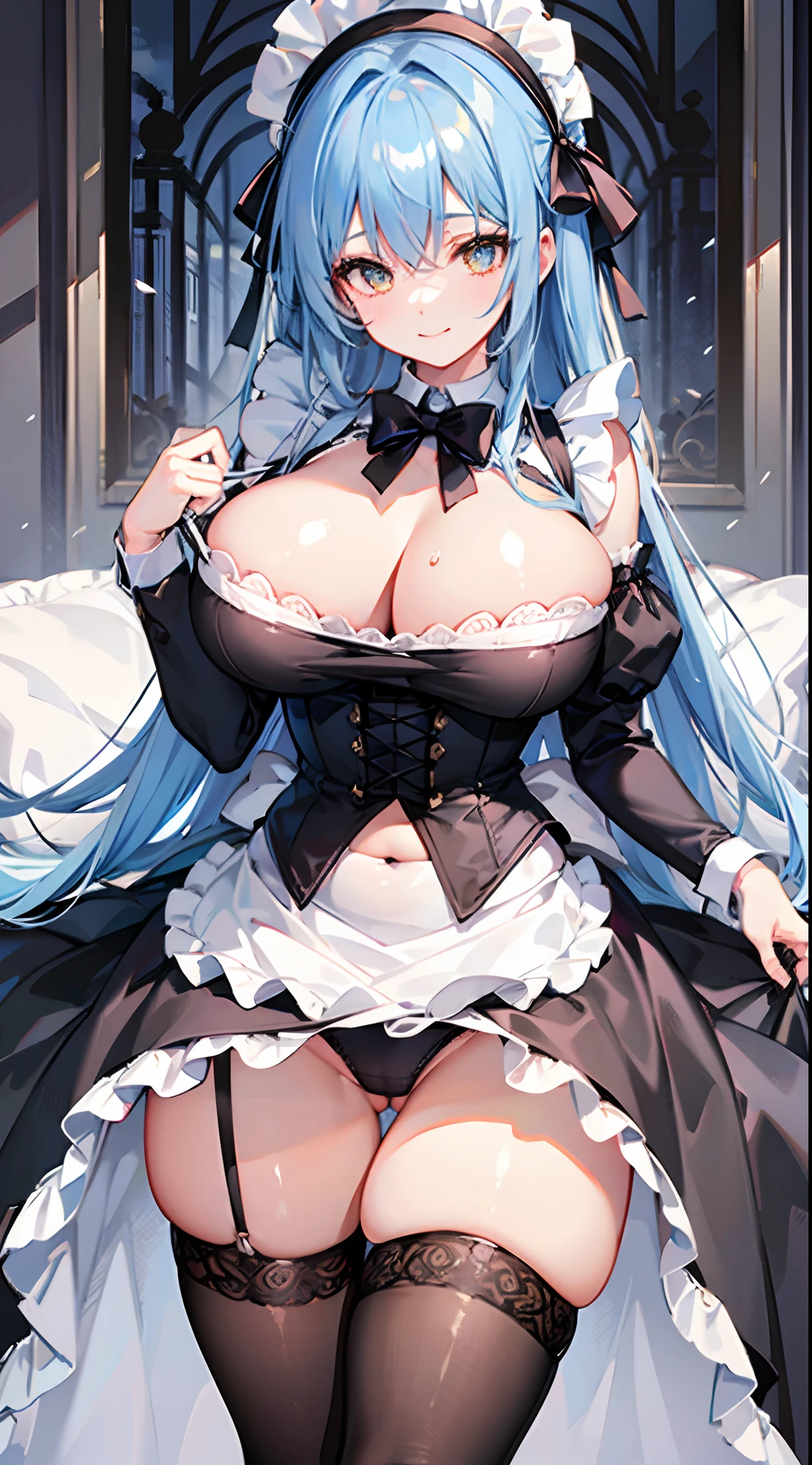 A very sexy girl,Very big,huge tit,super Big huge tits,huge boob,a plump buttocks,perfect bodies,Long azure hair,Golden eyes,maid cap,high detal,high qulity,Black corset,the maid outfit,Maid skirt,showing waist,exposing her chest,Black lace panties,white leggings underneath,ssmile,Oversized