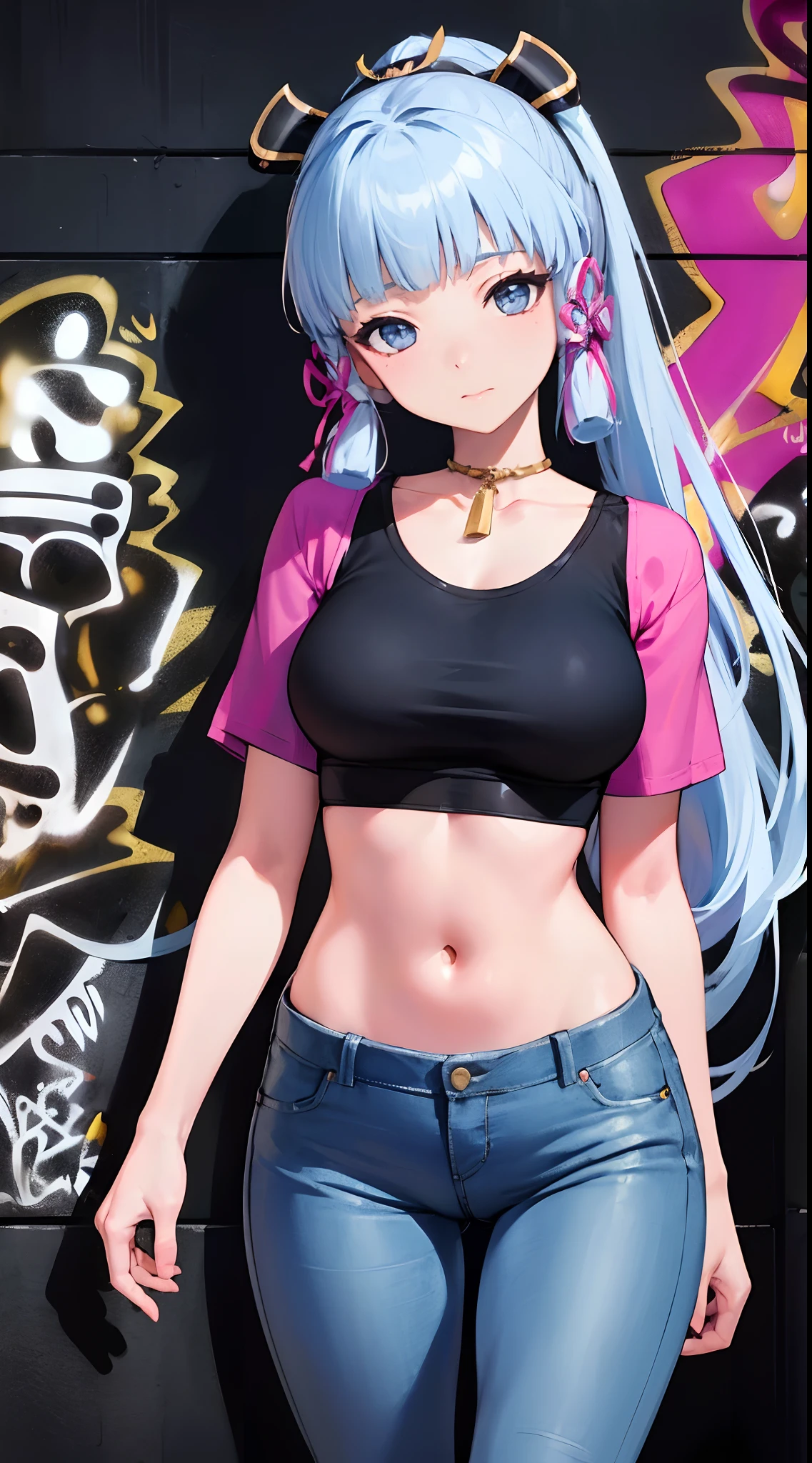 kamisato ayaka|genshin impact, master-piece, bestquality, 1girls,25 years old, proportional body, elongated legs, Beautiful, proportional., crop top, Long Jeans, mediuml breasts, ,bara, crop top, choker, (Graffiti:1.5), Splash with purple lightning pattern., arm behind back, against wall, View viewers from the front., Thigh strap, Head tilt, bored,(NSTDA.:1.2), (10, beste-Qualit, master-piece: 1.4), Beautiful red hair, ultra-high resolution, (lifelike, photorealistic portrait: 1.48), 20 age, Cute Girl, (Looking Through Crop Tops.), Famous Japanese actors, beautiful clear eyes, Head tilt, cowboy shot, from the front, looking at the audience, expressionless, Beautiful lake, Zeiss 150mm F/ 2.8 Hasselblad, Whole body, foot, Ultra-Wide Angle,