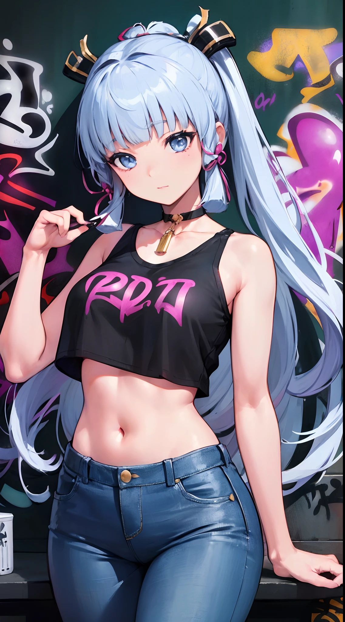 kamisato ayaka|genshin impact, master-piece, bestquality, 1girls,25 years old, proportional body, elongated legs, Beautiful, proportional., crop top, Long Jeans, mediuml breasts, ,bara, crop top, choker, (Graffiti:1.5), Splash with purple lightning pattern., arm behind back, against wall, View viewers from the front., Thigh strap, Head tilt, bored,(NSTDA.:1.2), (10, beste-Qualit, master-piece: 1.4), Beautiful red hair, ultra-high resolution, (lifelike, photorealistic portrait: 1.48), 20 age, Cute Girl, (Looking Through Crop Tops.), Famous Japanese actors, beautiful clear eyes, Head tilt, cowboy shot, from the front, looking at the audience, expressionless, Beautiful lake, Zeiss 150mm F/ 2.8 Hasselblad, Whole body, foot, Ultra-Wide Angle,