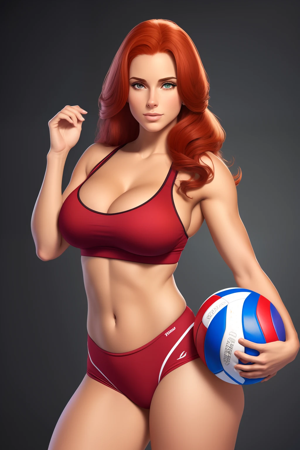 ((SFW))Arte similar Jonh Buscema,1garota,cabelo curto, ruiva,olhos verdes, University Physical Education Tutor, super realistic, middlebreasts, roupas agarradas e suadas, olhar sensual, sexy, 4k resolution, Lotes Cameltoe, lotes de dedo de camelo, Sentido Superior, red hair, gym clothes, holding a volleyball in your hands,she is standing, imponente e graciosa mulher