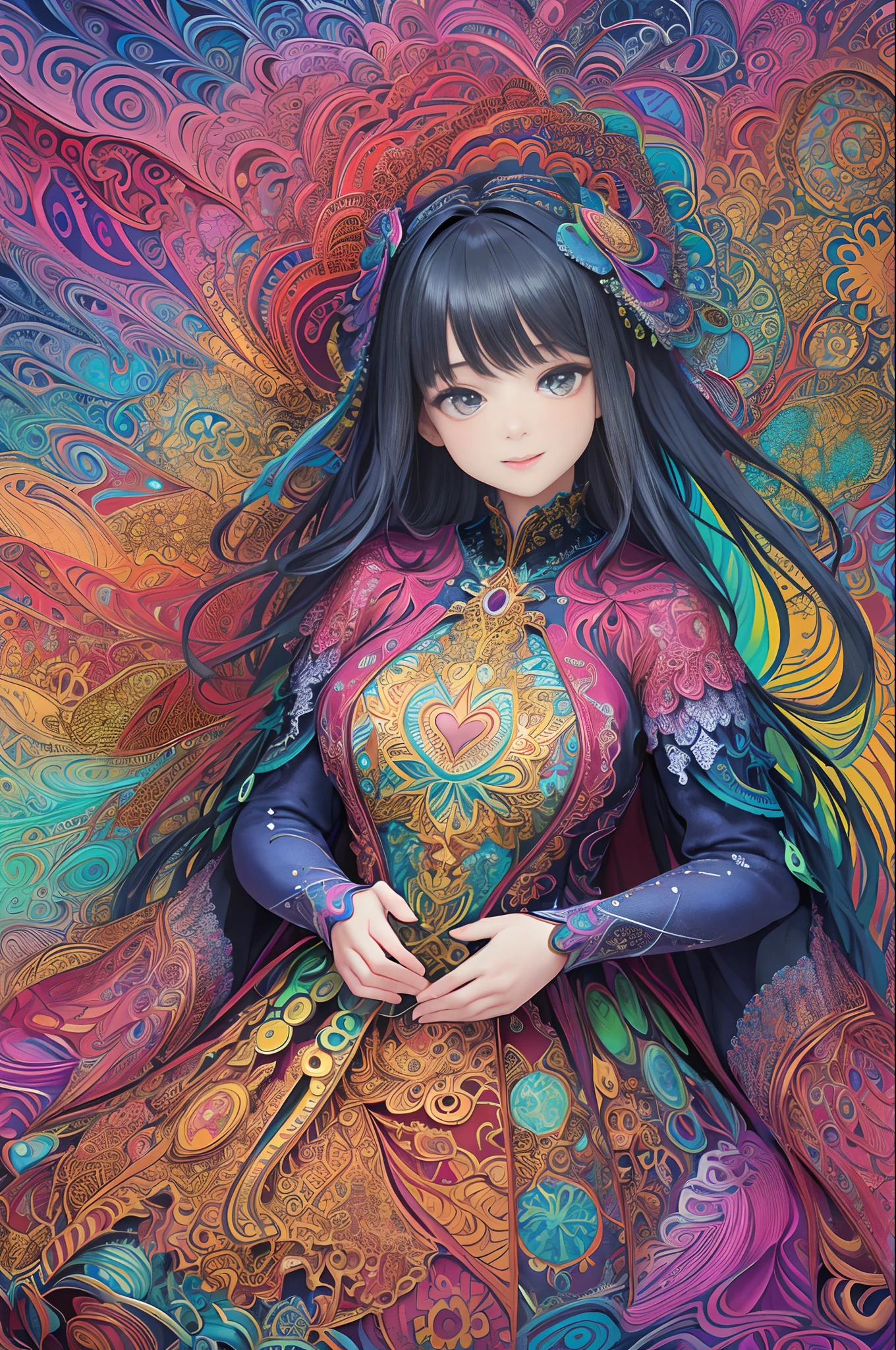 (masterpiece, top quality, best quality, official art, beautiful and aesthetic:1.2), (1girl:1.3), extremely detailed,(fractal art:1.2),colorful,highest detailed,(zentangle:1.2), (dynamic pose), (abstract background:1.5), (treditional dress:1.2), (shiny skin), (many colors:1.4), upper body, smile