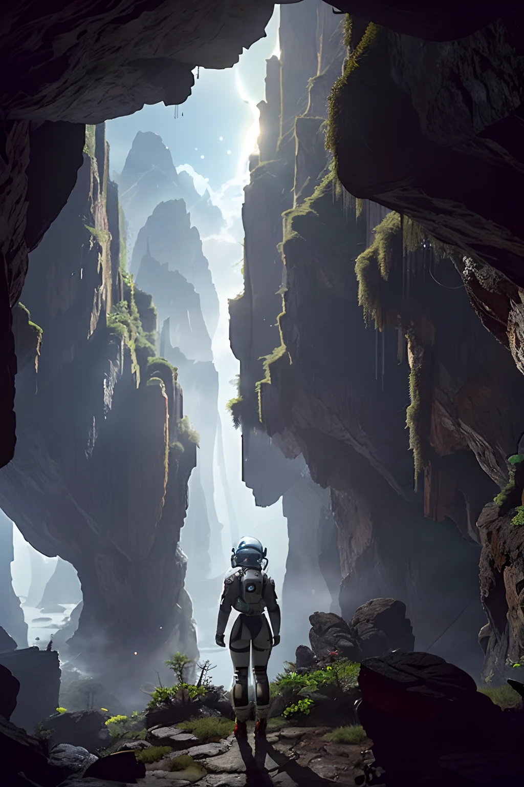 (35mmstyle:1.2), Highly detailed RAW color Photo, Rear Angle, Full Body, of (female space marine, wearing white and red space suit, futuristic helmet, tined face shield, rebreather, accentuated booty), outdoors, (standing on Precipice of tall rocky mountain, looking out at magical lush green rain forest on alien planet), vivid detail, (exotic alien planet), toned body, big butt, (sci-fi), (mountains:1.1), (lush green vegetation), (two moons in sky:0.8), (highly detailed, hyperdetailed, intricate), (lens flare:0.7), (bloom:0.7), particle effects, raytracing, cinematic lighting, shallow depth of field, photographed on a Sony a9 II, 35mm wide angle lens, sharp focus, cinematic film still from Gravity 2013, viewed from behind, dynamic angle