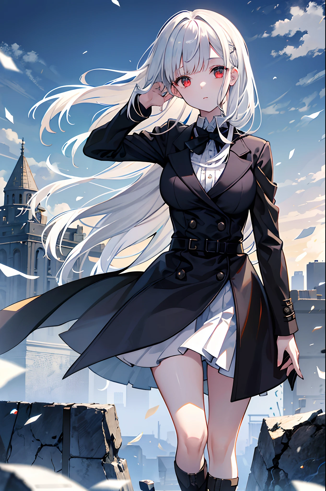 A girl,( Dull hair),Wing-like bangs,a dark coat, black eyes, monocle, broken mirror ground, overlook, large scene of city, flying glass debris and paper fragments, flying stones, ((strong winds)), ruins, science fiction, complex details, and high quality,Iceberg Beauty,1girl,red eyes,long hair,hime_cut,{hair in takes},medium breasts,white hair,silver_hair,