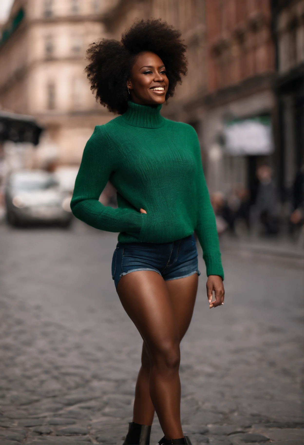 tmasterpiece, beste-Qualit, A dark-skinned black woman wearing a detailed green turtleneck sweater with an intricate black jacket with very short denim shorts at a street party, Asymmetrical afro haircut, ventre, sourire, bosseler, Ultra crazy dedications, extreme intricate details, Bumpy gap, cul autour de HDR, natural light, volumetric shading, pose dynamique, hyper-realistic, realistic lighting, ombres dramatiques, Mise au point rigide, high contrast, ombres dramatiques de perspective dramatique,
