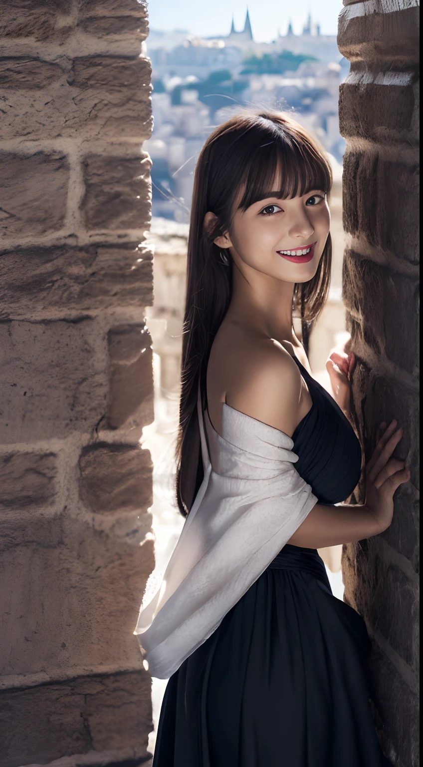 (A hyper-realistic)、(illustratio)、(hight resolution)、(8K)、(ighly detailed)、(Best Illustration)、(beautifully detailed eyes)、(top-quality)、(ultra-detailliert)、(masterpiece)、(wall-paper)、(A detailed face)、独奏、1 girl in、looking at viewert、fine detailed、A detailed face、in the darkness nigth、deep-shadows、lowkey、pureerosfaceace_v1、A smile、long、Black shawl straight hair、46-point diagonal bangs, (silk dresses、long skirt)(off shoulders)View of the castle、、Stand against the wall
