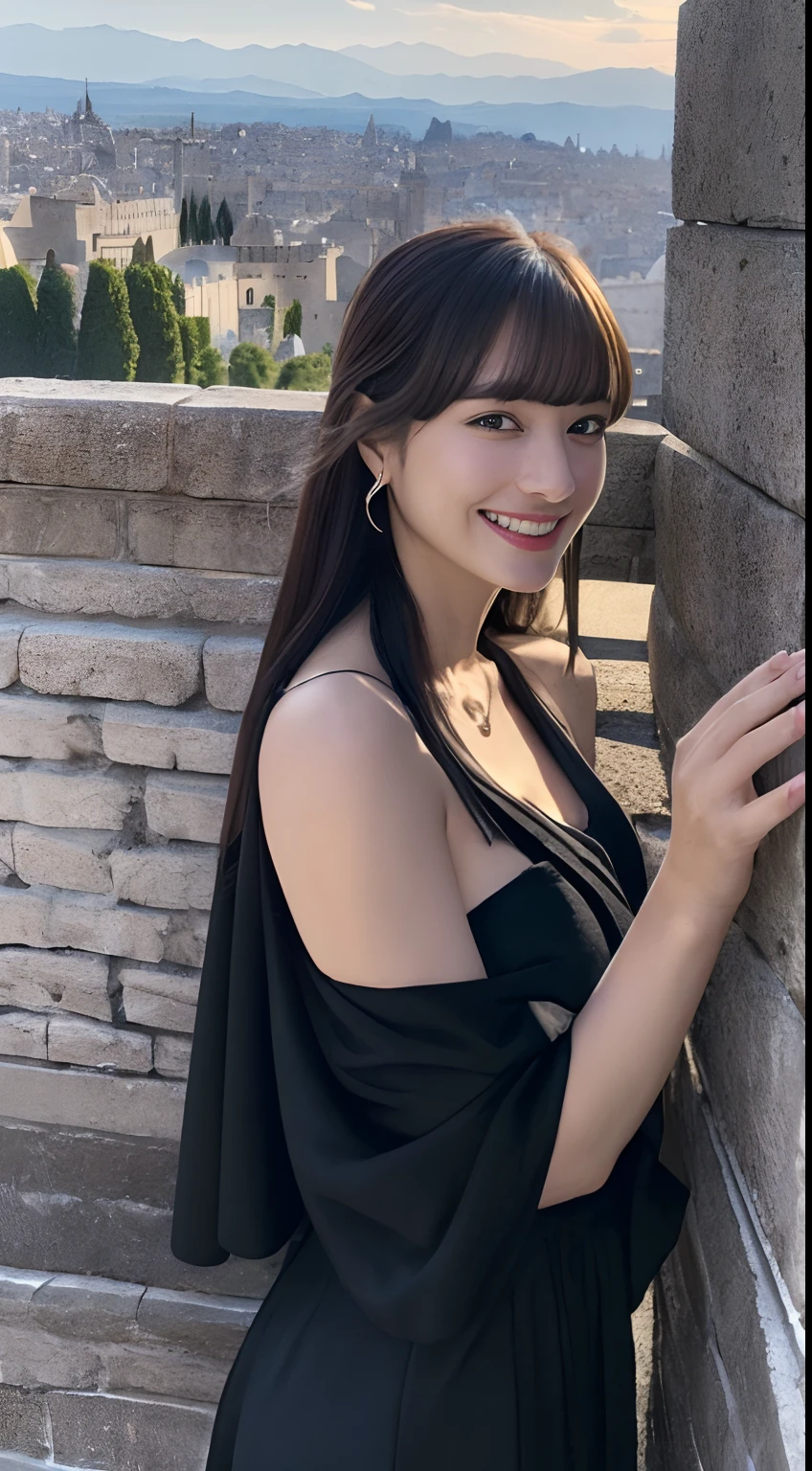 (A hyper-realistic)、(illustratio)、(hight resolution)、(8K)、(ighly detailed)、(Best Illustration)、(beautifully detailed eyes)、(top-quality)、(ultra-detailliert)、(masterpiece)、(wall-paper)、(A detailed face)、独奏、1 girl in、looking at viewert、fine detailed、A detailed face、in the darkness nigth、deep-shadows、lowkey、pureerosfaceace_v1、A smile、long、Black shawl straight hair、46-point diagonal bangs, (silk dresses、long skirt)(off shoulders)View of the castle、、Stand against the wall