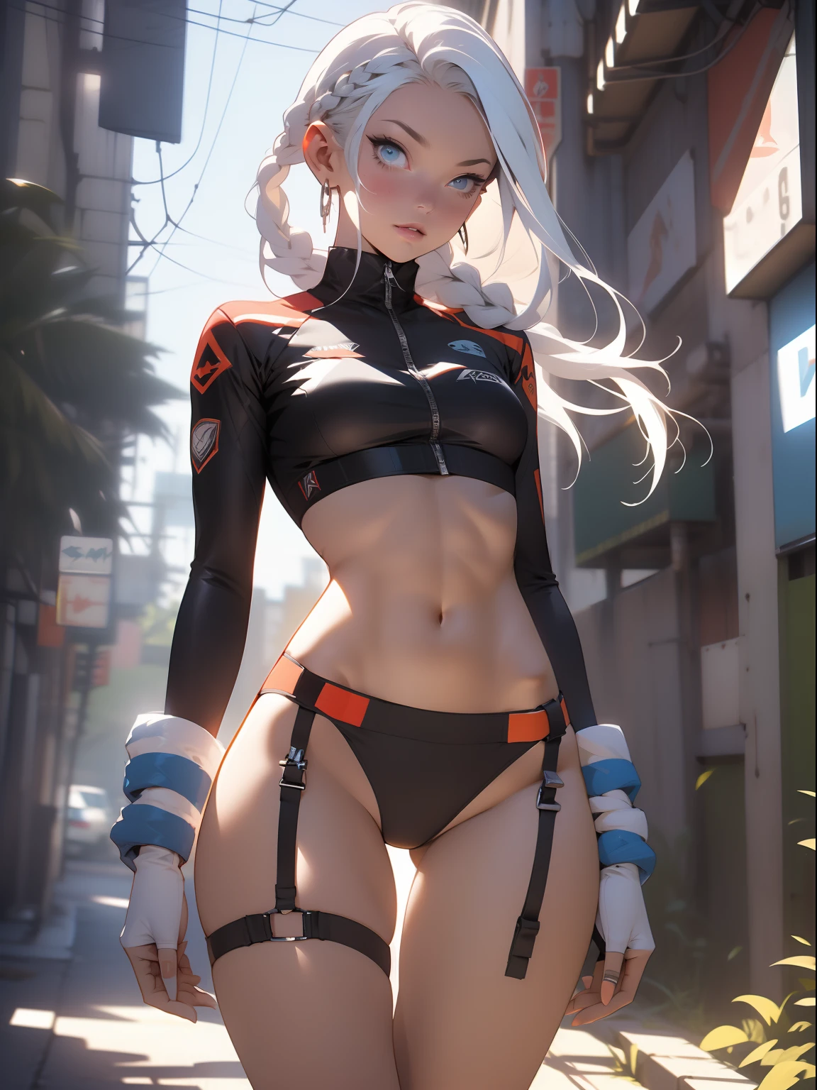 ((Best quality)), ((masterpiece)), (detailed: 1.4), (Absurd), War-ready female fighter pilot with military bikini, Marine, dark skin, defined sculpted body, full body, bare thighs, closed mouth, cyberpunk, semi naked, generous neckline, ((perfect medium breasts)), (super light blue eyes without pupils), (((military camouflage bikini)),  (((white hair with braid)))), long eyelashes heavy makeup, garter belt, by mucha, niji --V5, close to real, psychopathic, perfect face, sexy pose, background with a giant head, 2 piece clothing, pastel, centered, scale to fit the dimensions, HDR (High Dynamic Range),Ray Tracing, NVIDIA RTX,Super-Resolution,Unreal 5,Subsurface Dispersion, PBR Texture, exposed belly, Post-processing, Anisotropic filtering, Depth of field, Maximum clarity and sharpness, Multilayer textures, Albedo and specular maps, Surface shading, Accurate simulation of light-material interaction, Perfect proportions, thigh gap, Octane Render, Two-tone lighting, Wide aperture, Low ISO, White balance, Rule of thirds, 8K RAW, bright crysisnanosuit bikini, thigh gap, nice hips, bikini panties, perfect legs, synthwave bikinis, bare elbows