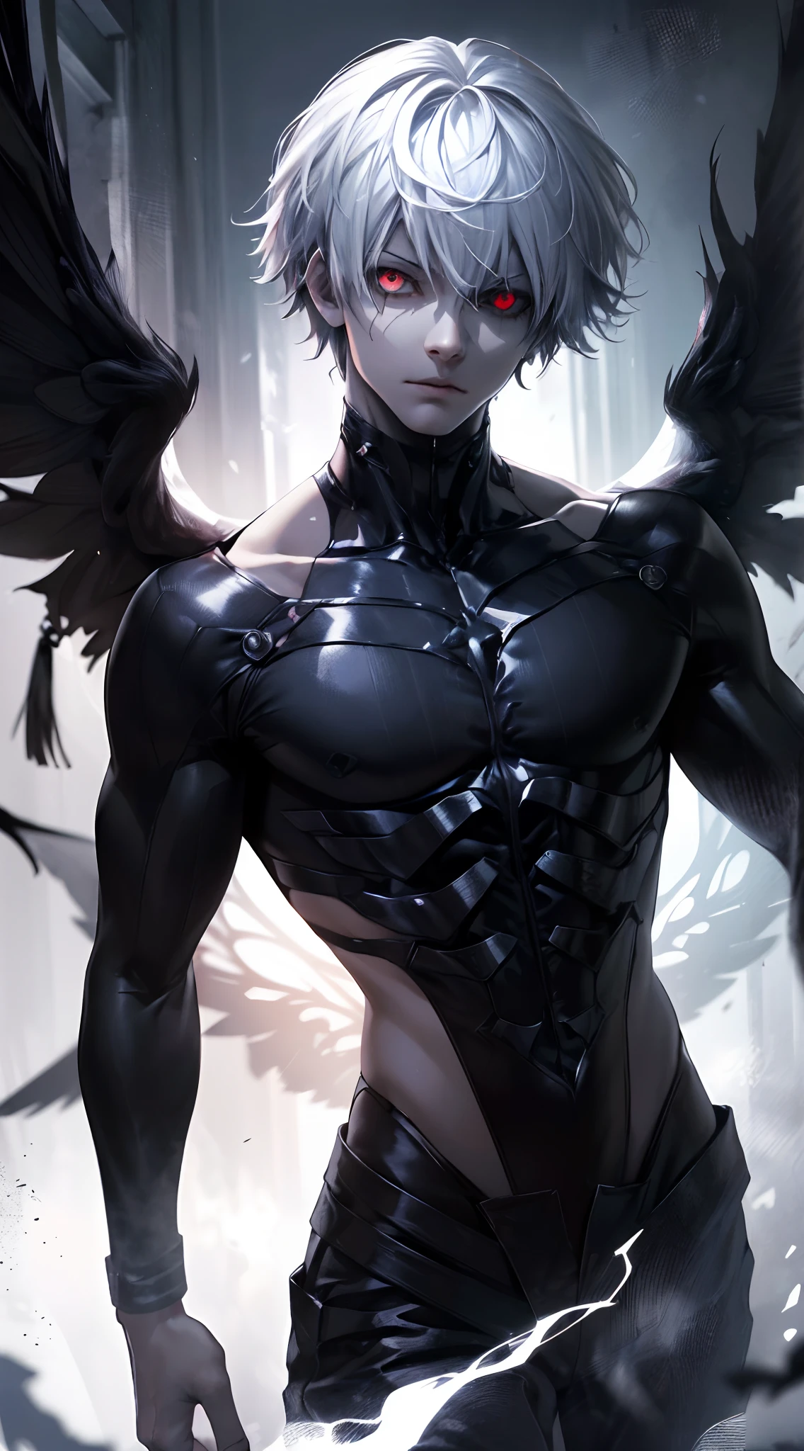 (best quality,highres,realistic:1.37),dark angel boy, portrait,black and white,soft lighting,smoky atmosphere, white hair,fierce gaze,menacing presence,ethereal,vivid red eyes,mysterious aura,ominous shadows,dark and mystical ambiance,enchanted background,tall and slender figure,dramatic pose,hauntingly beautiful.