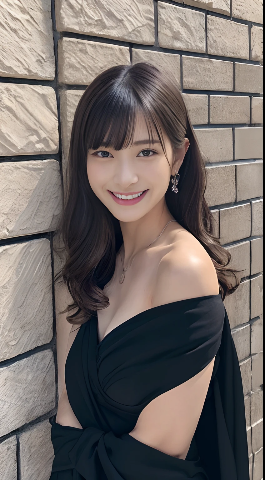 (A hyper-realistic)、(illustratio)、(hight resolution)、(8K)、(ighly detailed)、(Best Illustration)、(beautifully detailed eyes)、(top-quality)、(ultra-detailliert)、(masterpiece)、(wall-paper)、(A detailed face)、独奏、1 girl in、looking at viewert、fine detailed、A detailed face、in the darkness nigth、deep-shadows、lowkey、pureerosfaceace_v1、A smile、long、Black shawl straight hair、46-point diagonal bangs, (silk dresses、long skirt)(off shoulders)View of the castle、、Stand against the wall