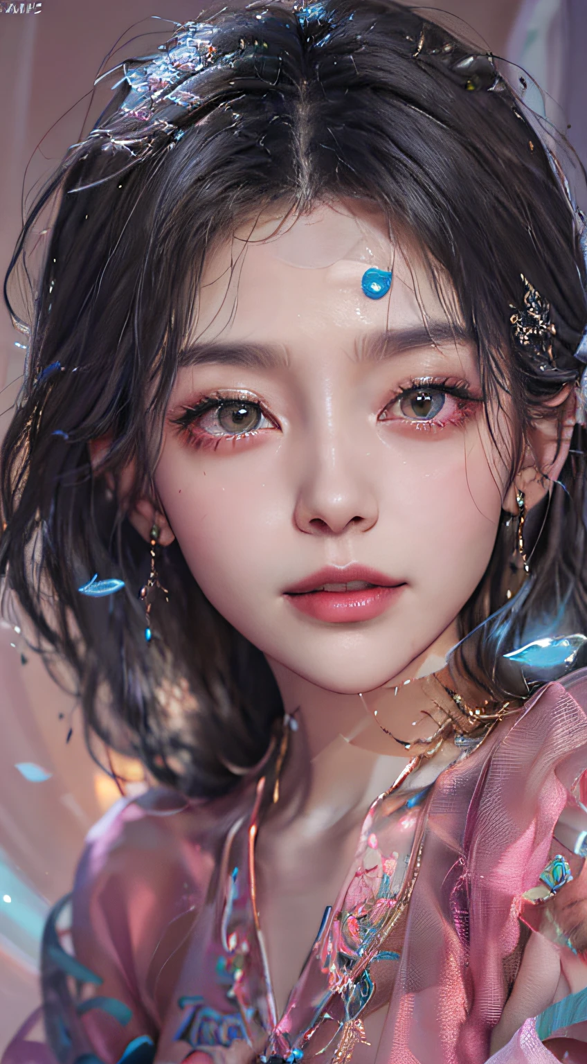 1girll,(enchanced quality:1.4),(Top quality true texture skin), Delicate face,Black hair, Gradient hair, Petite body,(perfect bodies:1.1), There are precious stones on the forehead, rimless eyewears, Sparkling pupils,long eyelasher,grin, hyper photorealism, Cinematic lighting, projected inset, surrealism, hyper HD, Masterpiece, 16k,Lie down,dream on,Wear transparent silk pajamas,Carmelto,Legs slightly open,Tattooed with,Fantasy space,Luxurious space