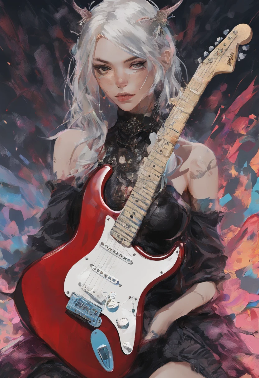 (Best Quality), masutepiece, 8K Illustration, High collar, Very high saturation, All colors deepened, paint, graffiti art, Center Composition, Extremely detailed light and shadow, graffiti wall, The walls are painted brightly, 1 girl in, very detailed face and eyes, medium lenght hair, Gothloli witch appearance, Wearing a skeleton mask around his mouth、Fender Stratocaster Guitar、