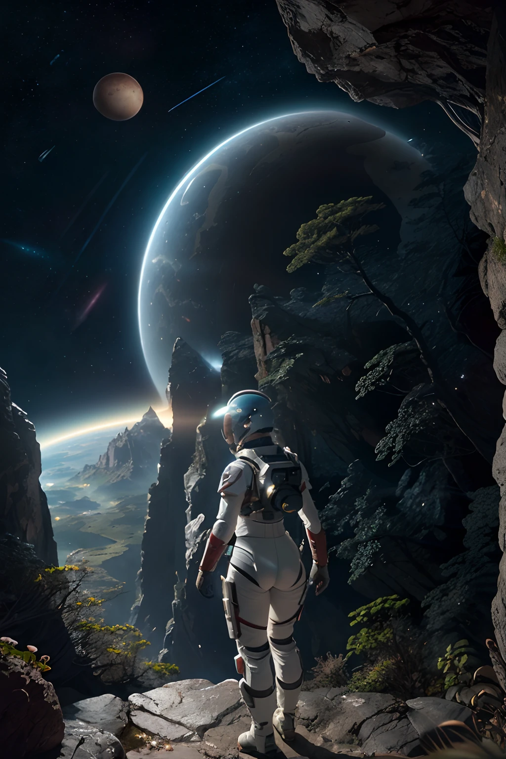 (35mmstyle:1.2), Highly detailed RAW color Photo, Rear Angle, Full Body, of (female space marine, wearing white and red space suit, futuristic helmet, tined face shield, rebreather, accentuated booty), outdoors, (standing on Precipice of tall rocky mountain, looking out at magical lush green rain forest on alien planet), vivid detail, (exotic alien planet), toned body, big butt, (sci-fi), (mountains:1.1), (lush green vegetation), (two moons in sky:0.8), (highly detailed, hyperdetailed, intricate), (lens flare:0.7), (bloom:0.7), particle effects, raytracing, cinematic lighting, shallow depth of field, photographed on a Sony a9 II, 35mm wide angle lens, sharp focus, cinematic film still from Gravity 2013, viewed from behind, dynamic angle