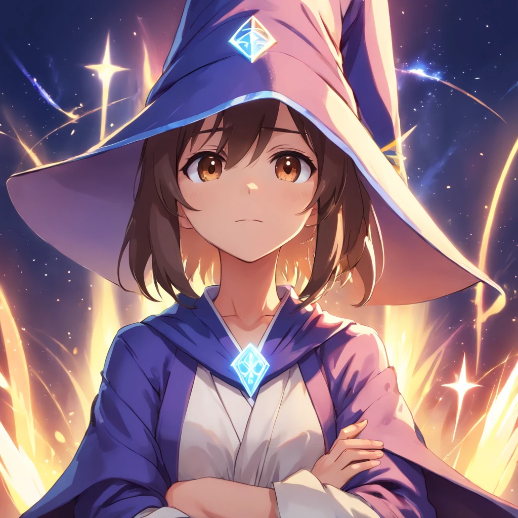 ((Grand Wizard and Master of Magic)), ((Mage's robe and hat)), ((Immature girls)), ((Early 20s)), Toned, ((Wizard Lady)), 1girll, masutepiece, absurderes, Fine detail, nffsw, Solo, Upper body, enticing expression, ((Brown skin)), Magic runes surrounding him, Magic circle in the background, ((hat covering eyes)), ((Arms crossed)),