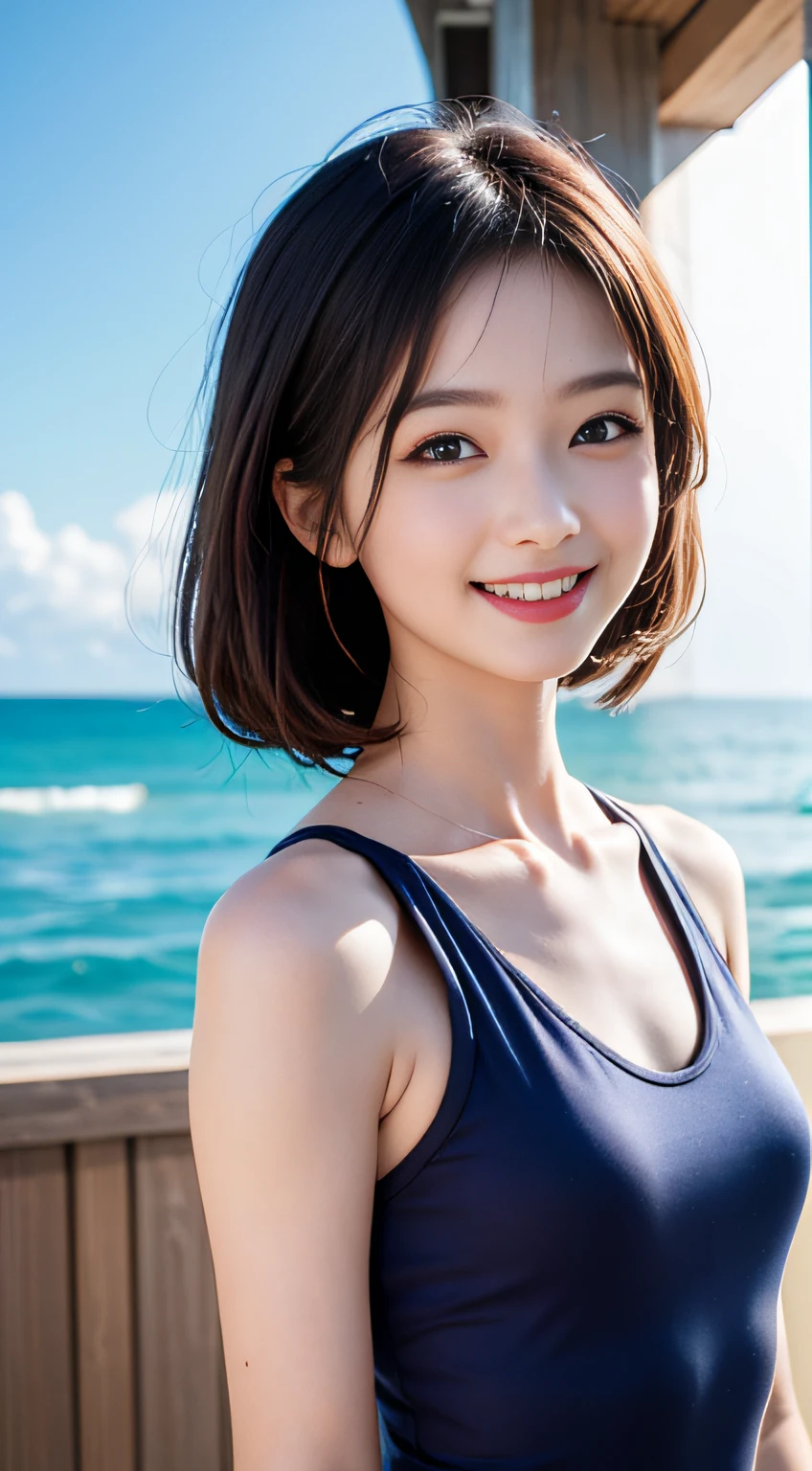 The upper part of the body、Medium Hair、masutepiece, Best Quality, 8K, 18year old, Teen, Raw photo, absurderes, award winning portrait, Solo, Under the blue sky、sea side、Blue swimsuit, Idol face, violaceaess, gardeniass, Delicate girl,The chest isＤcups、 Upper body, Digital SLR, Looking at Viewer, Happy smile when you see this、Candid, Sophisticated,  Smile, Thin arms, Professional Lighting, Film grain, chromatic abberation, (Eyes and faces with detailed:1.0),