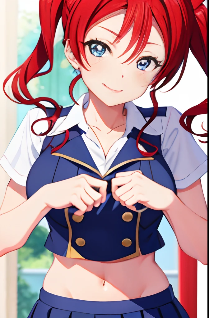 Love Live Superstar、Members of School Idol Liera、Mei Yonejo、Red hair and side tail、  Uniform with navel out、Face forward and show your navel to this side、standing straight ahead.Front Angle、blazers、lowrise.Midriff