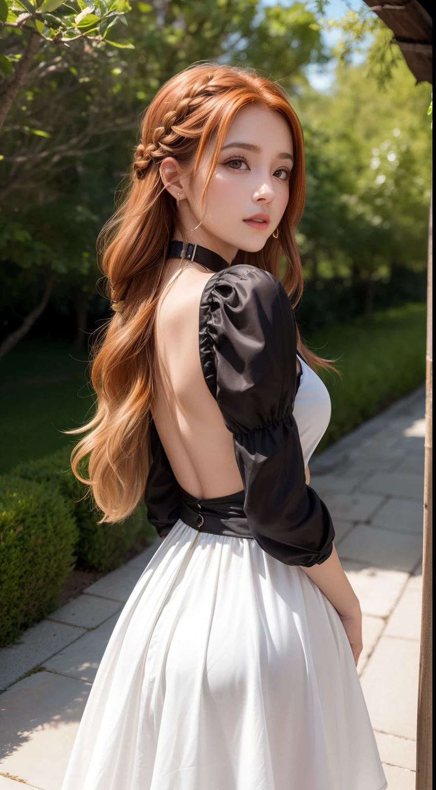 8k, Obra maestra, Foto RAW, La mejor calidad, fotorrealista, fondo de pantalla CG 8k extremadamente detallado, Profundidad de campo, cinematiclight, Destello de lente, Trazado de rayos, (cara extremadamente hermosa, labios hermosos, Hermosos ojos), Cara de detalle intrincado, ((Piel ultra detallada)) 1girl, A oscuras, Sombra profunda, Bonita chica coreana, Kpop idol, 1 girl,(orejas de gato) (cuerpo musculoso muy delgado y delgado:1.3), ((Mirando al espectador)),(gran sonrisa:1.3), (Medianoche, noche oscura, (neon sign), (fondo borroso), luz corta), (Sin personas en segundo plano:1.3), Hermosos pendientes, Pulseras, collar, pantys, ojos claros, andante , Disparo frontal, (Pale skin), (ojos grandes),(ojos color miel claro) Cara hacia adelante, (Toma de cuerpo completo),(pelo muy largo),(redhead),(braids), (ginger hair) (pelos rojos, Chestnut trees, pellirroja ),( 2 trenzas), (peinado de 2 trenzas) Ombligo abierto, (Mirando al espectador:1.3), muy delgado, senos medianos, (dedo del pie de camello), muslos gruesos, Go back, (Mini vestido con cordones de la sombra), ((vestido de color blanco con negro y dorado)), (Falda ajustada), (medias de maya blancas),((back turned, Tiro trasero)), Ultra minifalda, expuesto, Plano superior