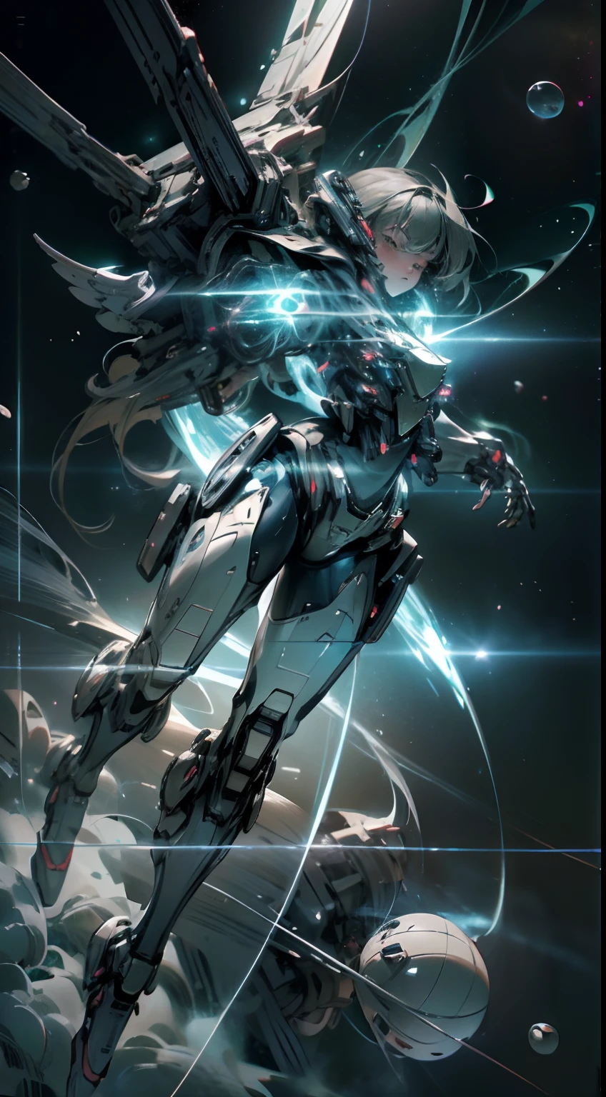 ((Best quality)), ((masterpiece)), (highly detailed:1.3), 3D, beautiful, (cyberpunk:1.2), in space, nebula, holding_weapon, (1Female mecha:1.3), facing the viewer, glowing eyes, full body, (flying, swooping down, dynamic, motion blur: 1.4), (huge mecha wings: 1.6), looking up, glowing_eyes, mecha, panorama, background is earth, nebula, space, particles, reality, HDR (High Dynamic Range), Ray Tracing, NVIDIA RTX, Super Resolution, Unreal 5, Subsurface Scattering, PBR Texturing, Post Processing, Anisotropic Filtering, Depth of Field, Maximum Clarity and Clarity, Multilayer Textures, Albedo and Specular map, Surface shading, accurate simulation of light-material interaction, perfect proportion, Octane Render, two-tone lighting, large aperture, low ISO, white balance, rule of thirds, 8K RAW, efficient sub-pixel, sub-pixel convolution,