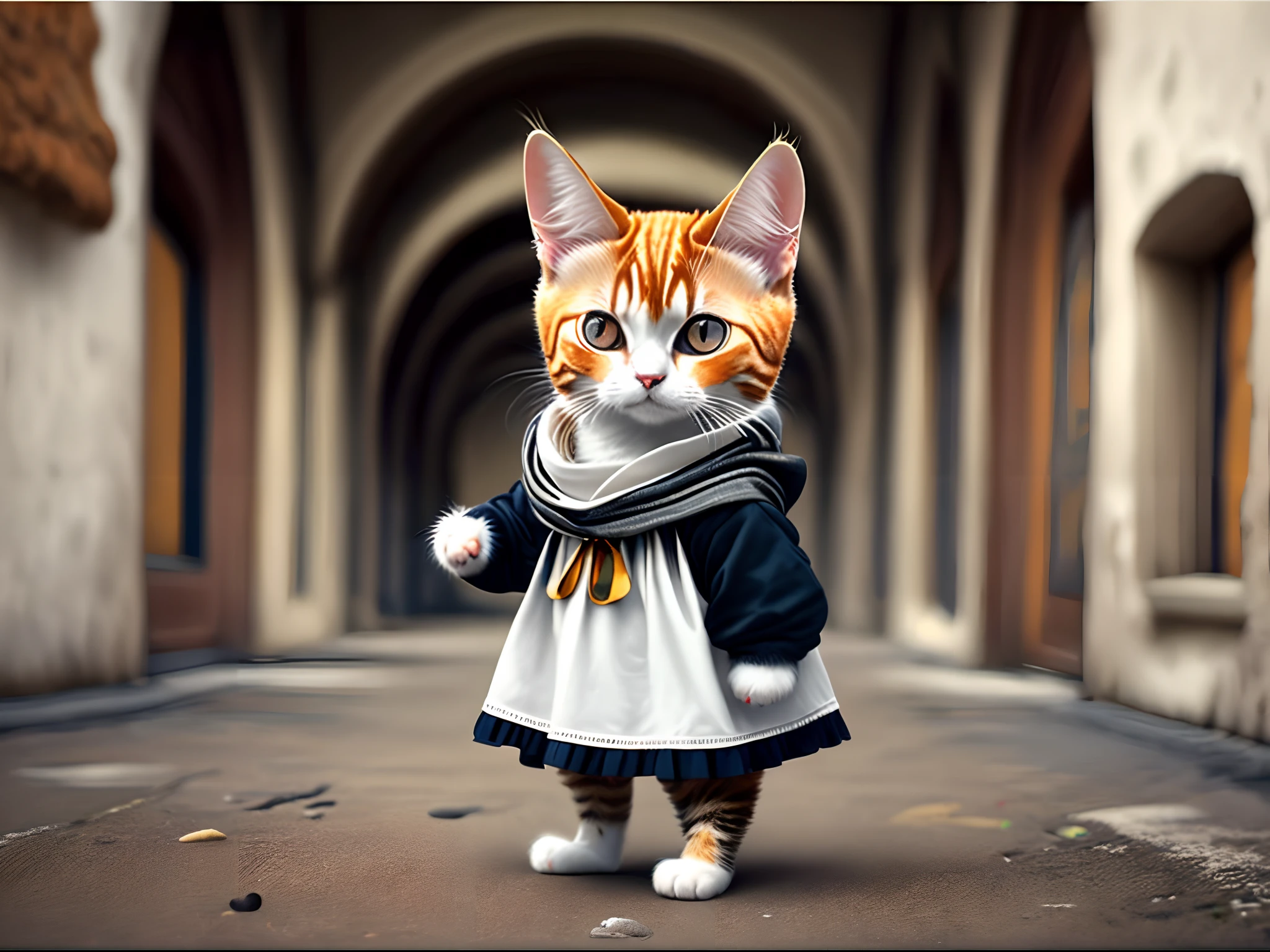 Imagen de un gato blanco tierno con vestido de princesa y evillas, Art Station Trend, Dressed in modern girl's clothes, Renderizado detallado hiperrealista, Miembro de la ciudad, Estilo urbano, pose tierna,  ropa de princesa, El planeta de los gatos, ropa, Rasgos eslavos occidentales, 8 1 5