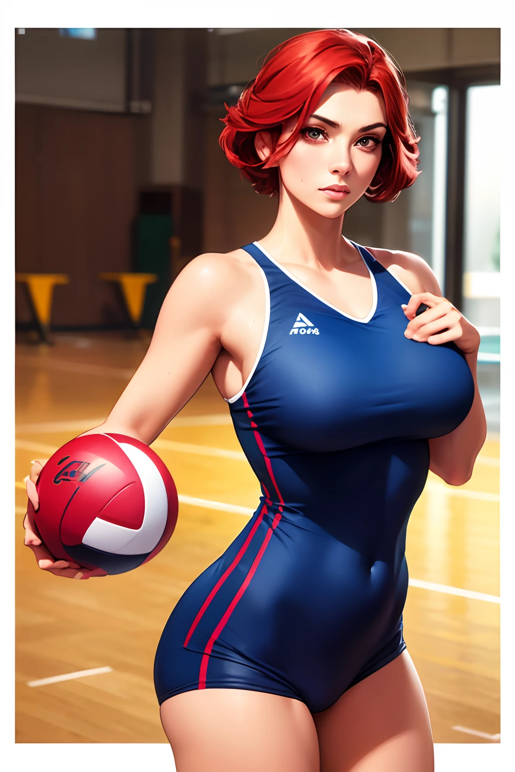((SFW))Arte similar Jonh Buscema,1garota,cabelo curto, ruiva,olhos verdes, University Physical Education Tutor, super realistic, middlebreasts, roupas agarradas e suadas, olhar sensual, sexy, 4k resolution, Lotes Cameltoe, lotes de dedo de camelo, Sentido Superior, red hair, gym clothes, Holding a volleyball in your hands,she is standing, imponente e graciosa mulher