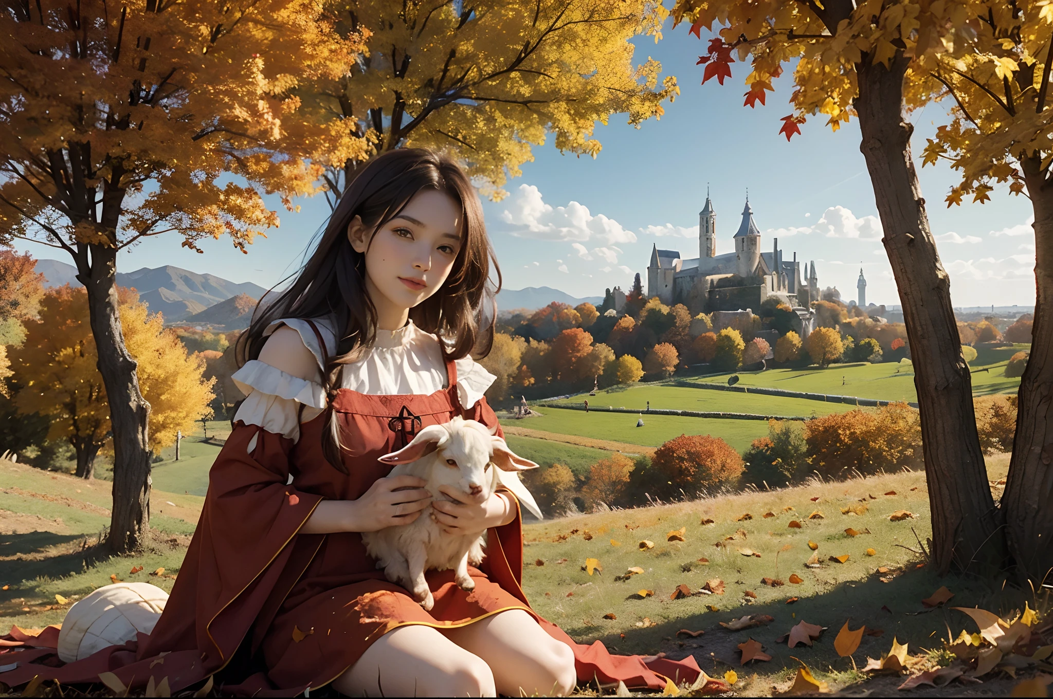 autumn season, red and yellow trees, a medieval peasant girl with goatsin a field of France, medieval city on a hill in the background, autumn, Fallen leaves on the ground. highly i