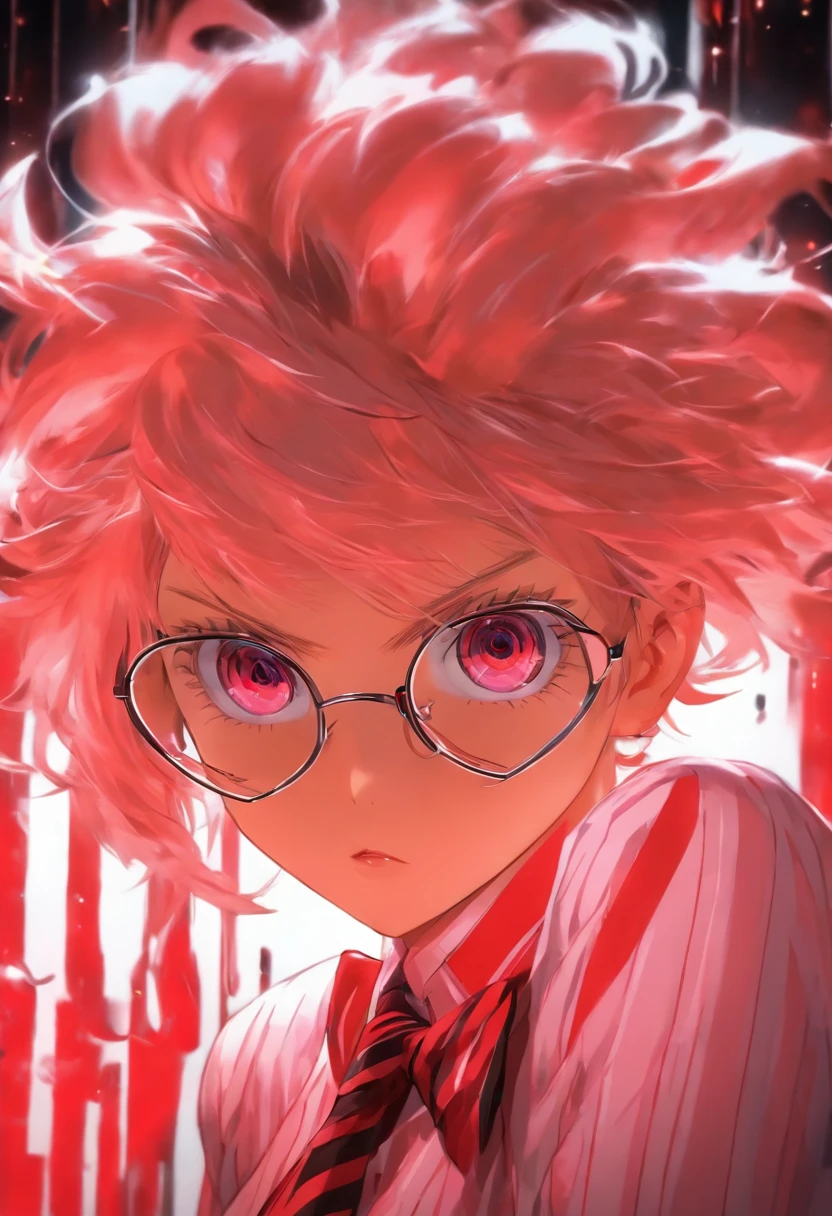 a girl with a light pink shirt with red lines and red eyes, 1girl, solo, glasses, red eyes, necktie, black-framed eyewear, jewelry, shirt, parted lips, heart, striped necktie, upper body, collared shirt
