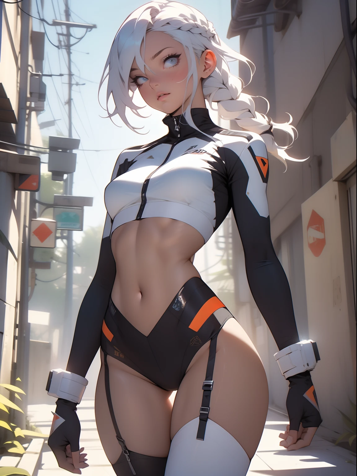 ((Best quality)), ((masterpiece)), (detailed: 1.4), (Absurd), War-ready female fighter pilot with military bikini, Marine, dark skin, defined sculpted body, full body, bare thighs, closed mouth, cyberpunk, semi naked, generous neckline, ((perfect medium breasts)), (super light blue eyes without pupils), (((military camouflage bikini)), (((white hair with braid)))), long eyelashes heavy makeup, garter belt, by mucha, niji --V5, close to real, psychopathic, perfect face, sexy pose, background with a giant head, 2 piece clothing, pastel, centered, scale to fit the dimensions, HDR (High Dynamic Range),Ray Tracing, NVIDIA RTX,Super-Resolution,Unreal 5,Subsurface Dispersion, PBR Texture, exposed belly, Post-processing, Anisotropic filtering, Depth of field, Maximum clarity and sharpness, Multilayer textures, Albedo and specular maps, Surface shading, Accurate simulation of light-material interaction, Perfect proportions, thigh gap, Octane Render, Two-tone lighting, Wide aperture, Low ISO, White balance, Rule of thirds, 8K RAW, bright crysisnanosuit bikini, thigh gap, nice hips, bikini panties, perfect legs, synthwave bikinis, bare elbows