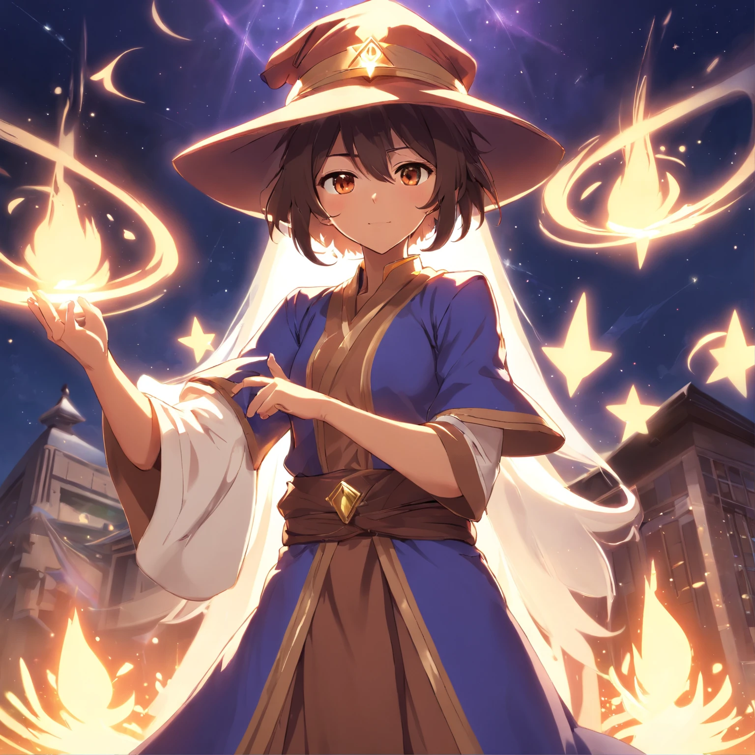 ((Grand Wizard and Master of Magic)), ((Mage's robe and hat)), ((Immature girls)), ((Early 20s)), Toned, ((Wizard Lady)), 1girll, masutepiece, absurderes, Fine detail, nffsw, Solo, Upper body, enticing expression, ((Brown skin)), Magic runes surrounding him, Magic circle in the background, ((hat covering eyes)), ((Arms crossed)),