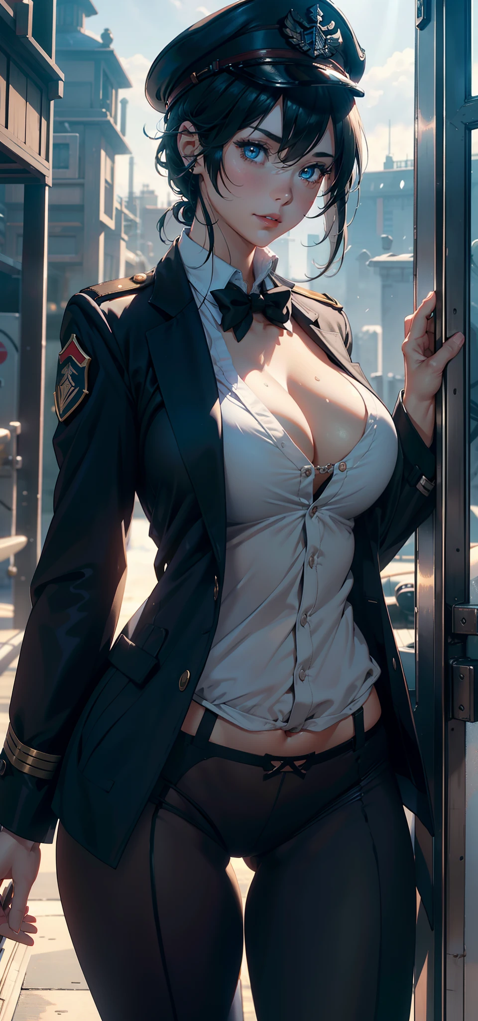 1female，35yo，plumw，extremely large bosom， 独奏，（Background with：Huge machinery，droid，aerodrome，Planes，Huge mechanical armor，） She has very short black hair，bobo head，Stand on the plane，，seen from the front， hair straight， mostly cloudy sky，（（（tmasterpiece），（Very detailed CG unity 8K wallpaper），best qualtiy，cinmatic lighting，detailed back ground，beatiful detailed eyes，Bright pupils，Blue eyes，Snow-whiteskin，Redlip（Very fine and beautiful），（Beautiful and detailed eye description），ultra - detailed，tmasterpiece，））facing at camera，A high resolution，ultra - detailed），revealing breasts，Bare genitalia，  Bulge，legs are open，Raised sexy，Camel toes，Flushed complexion，Desire for dissatisfaction，frontage，British Air Force，Aviator，Officer's cap（Wearing：blazer jacket，tailcoat，White color blouse，a black bowtie，Black pantyhose，Bare breasts，with no underpants，Bare genitalia，Bare breasts）Steampunk City