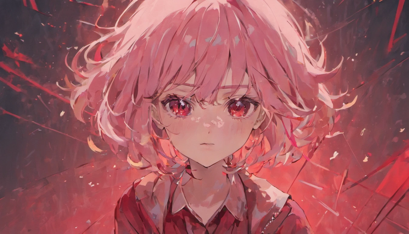 a girl with a light pink shirt with red lines and red eyes, 1girl, solo, glasses, red eyes, necktie, black-framed eyewear, jewelry, shirt, parted lips, heart, striped necktie, upper body, collared shirt