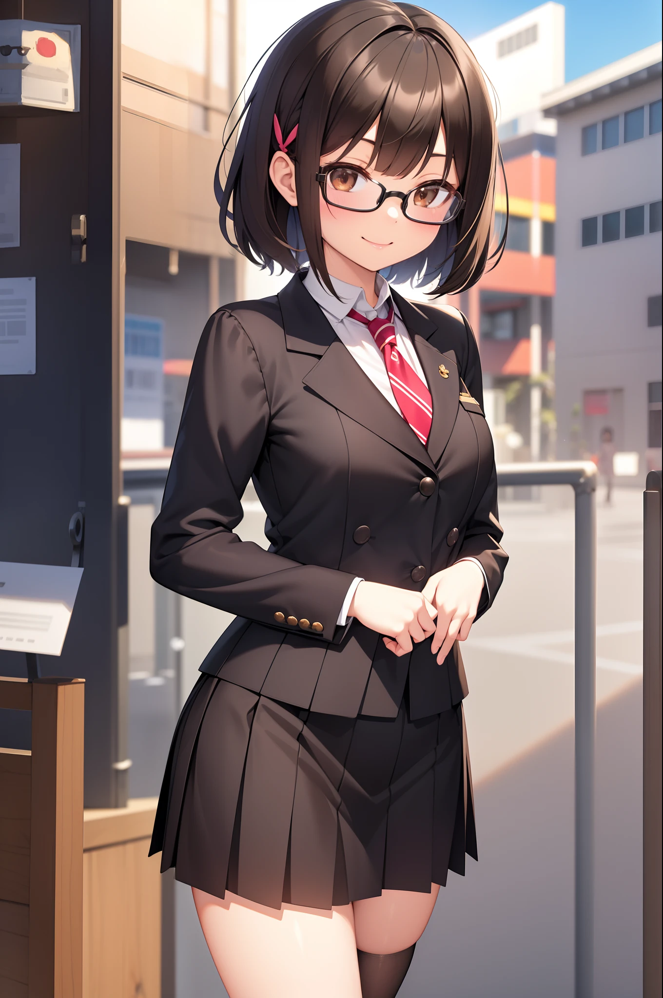 (masutepiece, Best Quality, Capture super cute moments, depth of fields, ultra-detailliert, Ultra High Resolution, C4D, Octadale, 3D Modeling, 8K, 16 K, one girls、a junior high school student、A dark-haired、short-hair、straight haired、Light brown eyes,hair adornments、wearing black glasses、A smile)、Slender body、small tits、Officelady、校服