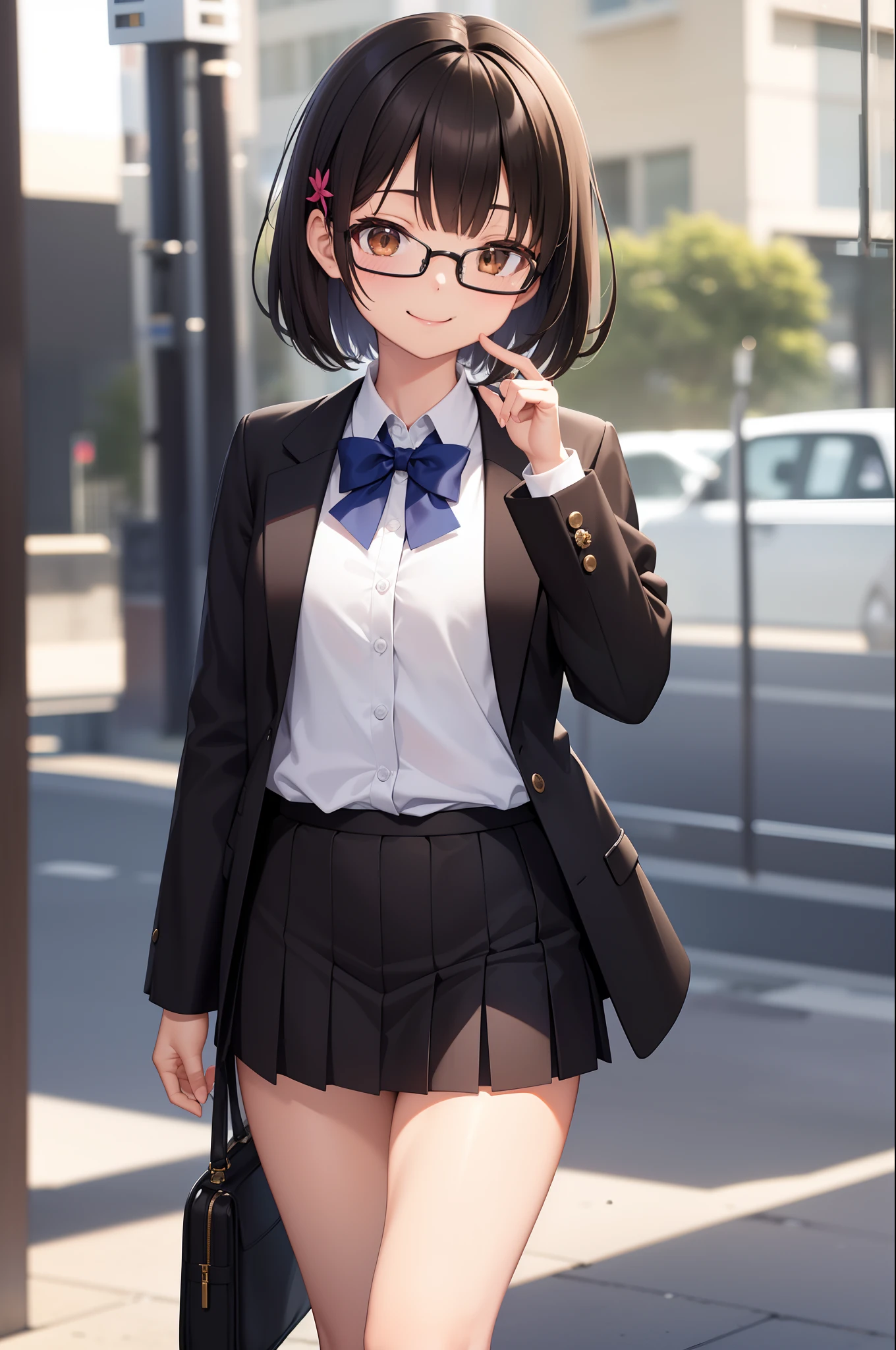 Anime girl in a short skirt and jacket walking down the street - SeaArt AI