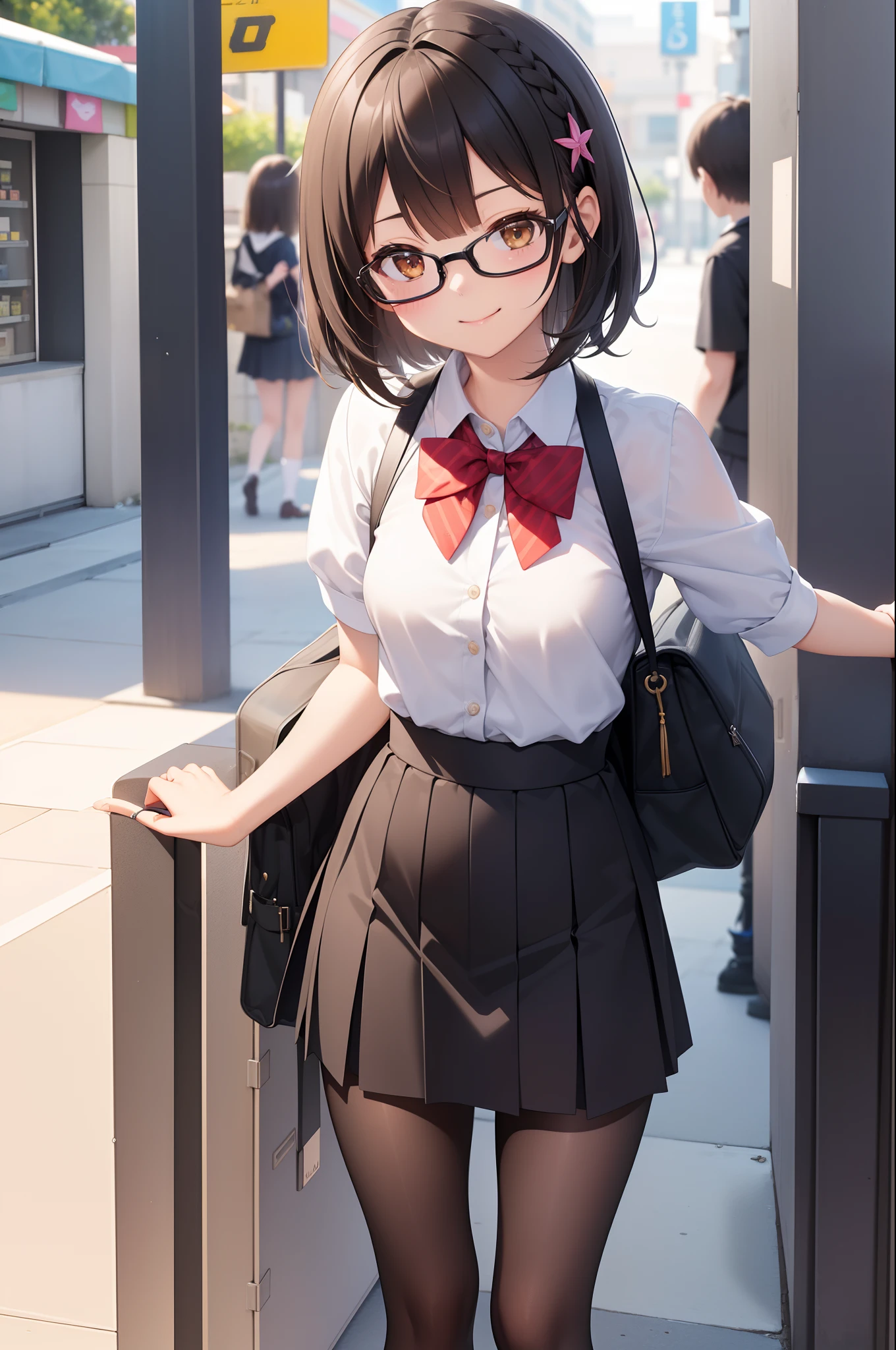 (masutepiece, Best Quality, Capture super cute moments, depth of fields, ultra-detailliert, Ultra High Resolution, C4D, Octadale, 3D Modeling, 8K, 16 K, one girls、a junior high school student、A dark-haired、short-hair、straight haired、Light brown eyes,hair adornments、wearing black glasses、A smile)、Slender body、small tits、Officelady、校服