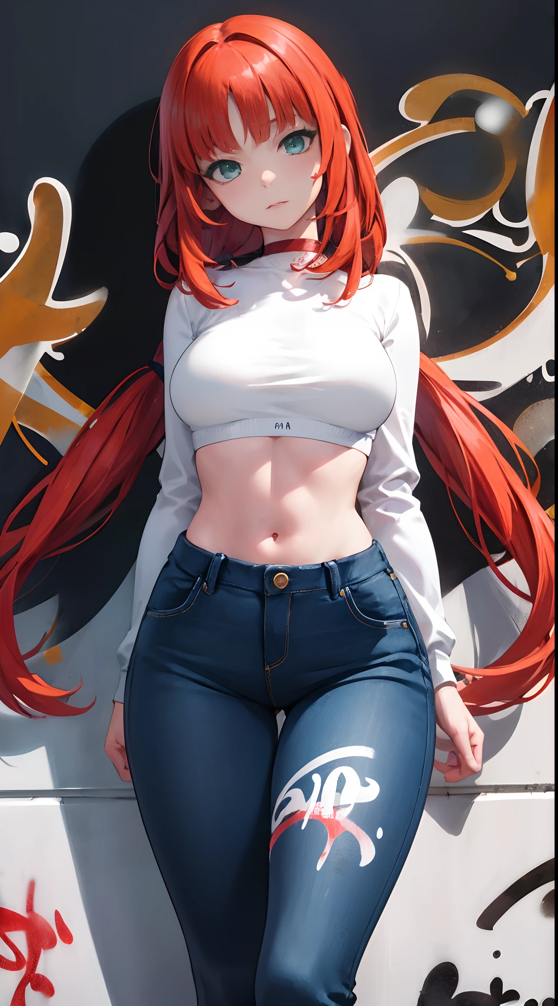 nile|genshin impact, master-piece, bestquality, 1girls,25 years old, proportional body, elongated legs, Beautiful, proportional., crop top, Long Jeans, mediuml breasts, ,bara, crop top, choker, (Graffiti:1.5), Splash with purple lightning pattern., arm behind back, against wall, View viewers from the front., Thigh strap, Head tilt, bored,(NSTDA.:1.2), (10, beste-Qualit, master-piece: 1.4), Beautiful red hair, ultra-high resolution, (lifelike, photorealistic portrait: 1.48), 20 age, Cute Girl, (Looking Through Crop Tops.), Famous Japanese actors, beautiful clear eyes, Head tilt, cowboy shot, from the front, looking at the audience, expressionless, Beautiful lake, Zeiss 150mm F/ 2.8 Hasselblad, Whole body, foot, Ultra-Wide Angle,