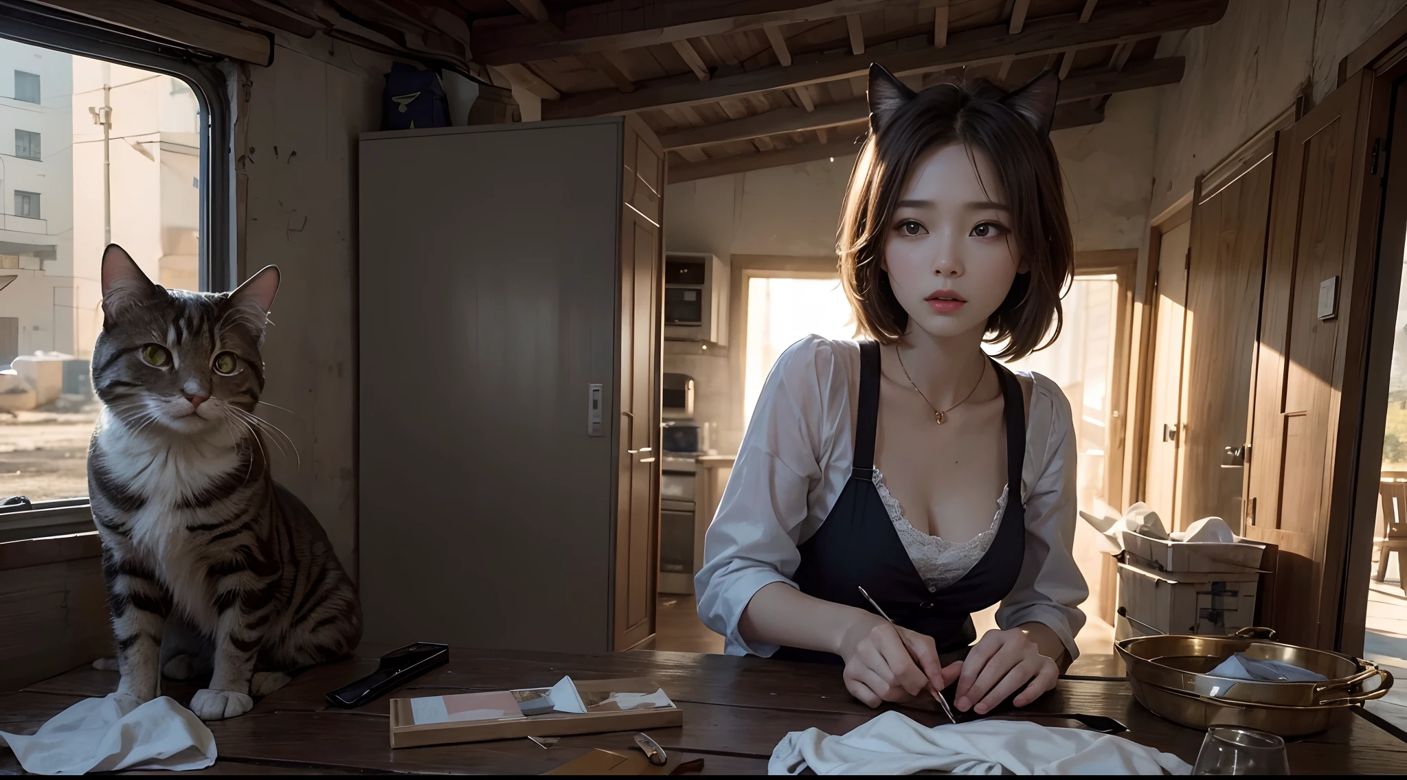 tmasterpiece,top-quality,best qualityer,offcial art,Beauty and aesthetics:1.2),(tmasterpiece:1.3), (8K, realisticlying, RAW photos, best qualtiy: 1.4), beauitful face, (photorealisti:1.8),超高分辨率, Ultra photo realsisim, highly detailed, the golden ratio, (with dynamism:1.3),(Saturation:1.3),illusory engine, (High detail: 1.9),(femele:1.4),(Large breasts),Wasteland,cat ear,look of anguish,torn laundry