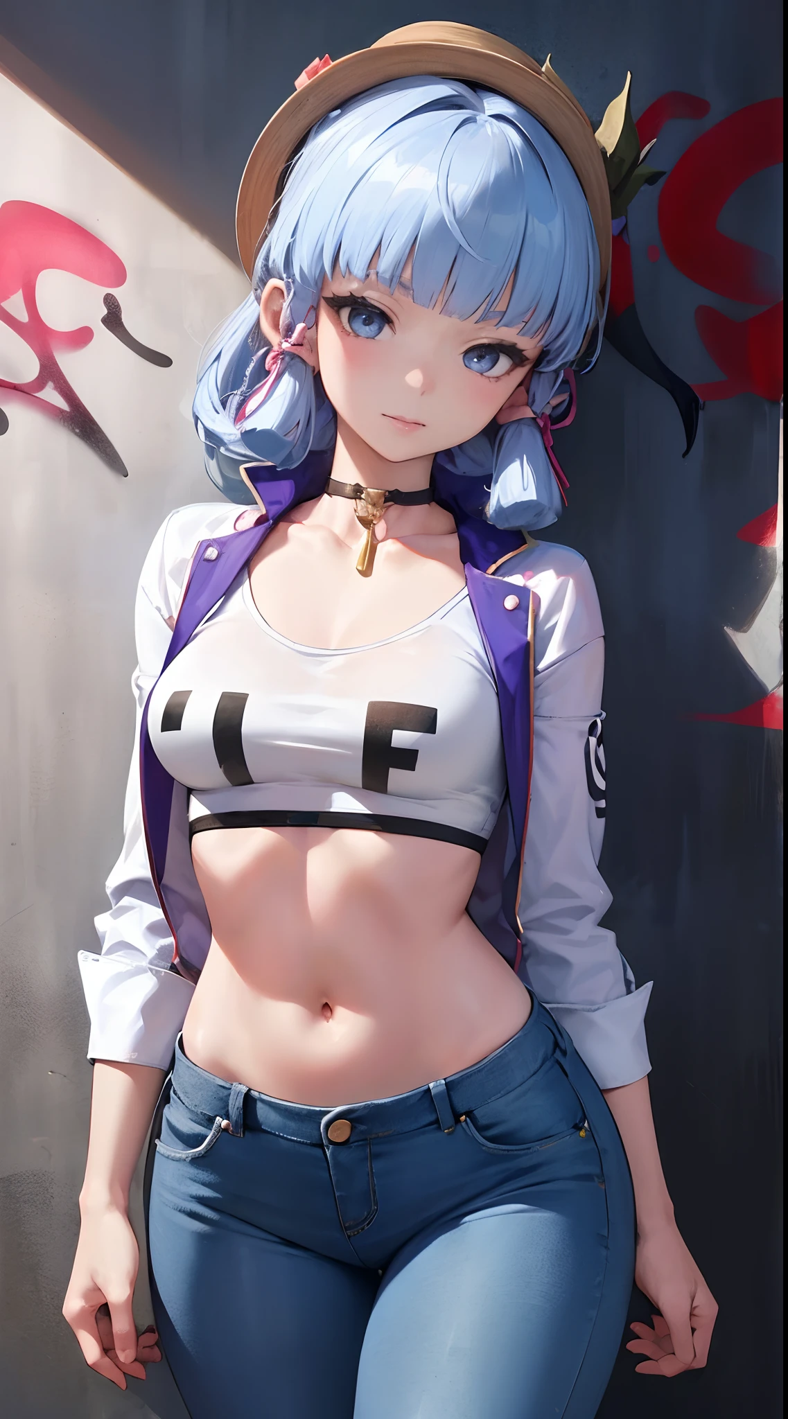 kamisato ayaka|genshin impact, master-piece, bestquality, 1girls,25 years old, proportional body, elongated legs, Beautiful, proportional., crop top, Long Jeans, mediuml breasts, ,bara, crop top, choker, (Graffiti:1.5), Splash with purple lightning pattern., arm behind back, against wall, View viewers from the front., Thigh strap, Head tilt, bored,(NSTDA.:1.2), (10, beste-Qualit, master-piece: 1.4), Beautiful red hair, ultra-high resolution, (lifelike, photorealistic portrait: 1.48), 20 age, Cute Girl, (Looking Through Crop Tops.), Famous Japanese actors, beautiful clear eyes, Head tilt, cowboy shot, from the front, looking at the audience, expressionless, Beautiful lake, Zeiss 150mm F/ 2.8 Hasselblad,  Whole body, foot, Ultra-Wide Angle,