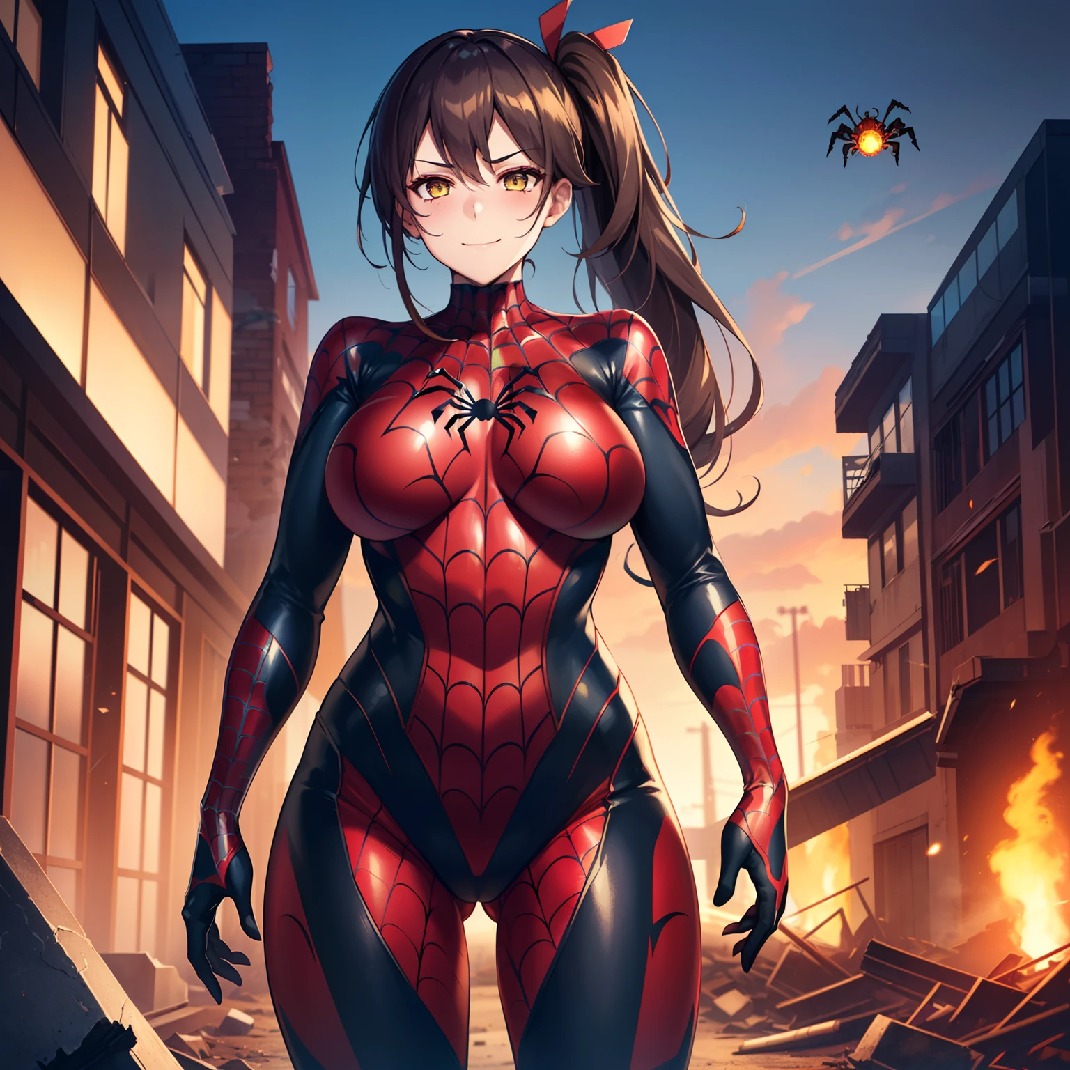 1girl,Zuikaku,gigantic breasts,superhero pose,standing in ruined city,(8k),scratches,detailed face,brown hair,yellow eyes,very long hair,embarassed,small smile face, side ponytail,orange eyeshadow,hair ornament, high_res, high_definition,the battlefield,dark suit, (symbiote spider man Custome:1.1),