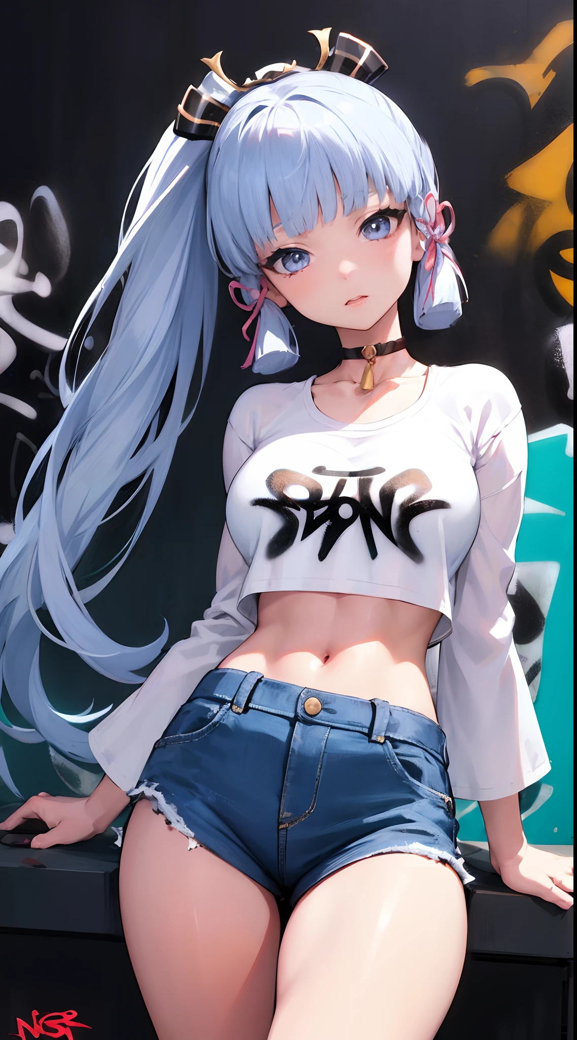 kamisato ayaka|genshin impact, master-piece, bestquality, 1girls,25 years old, proportional body, elongated legs, Beautiful, proportional., crop top, Long Jeans, mediuml breasts, ,bara, crop top, choker, (Graffiti:1.5), Splash with purple lightning pattern., arm behind back, against wall, View viewers from the front., Thigh strap, Head tilt, bored,(NSTDA.:1.2), (10, beste-Qualit, master-piece: 1.4), Beautiful red hair, ultra-high resolution, (lifelike, photorealistic portrait: 1.48), 20 age, Cute Girl, (Looking Through Crop Tops.), Famous Japanese actors, beautiful clear eyes, Head tilt, cowboy shot, from the front, looking at the audience, expressionless, Beautiful lake, Zeiss 150mm F/ 2.8 Hasselblad, Whole body, foot, Ultra-Wide Angle,