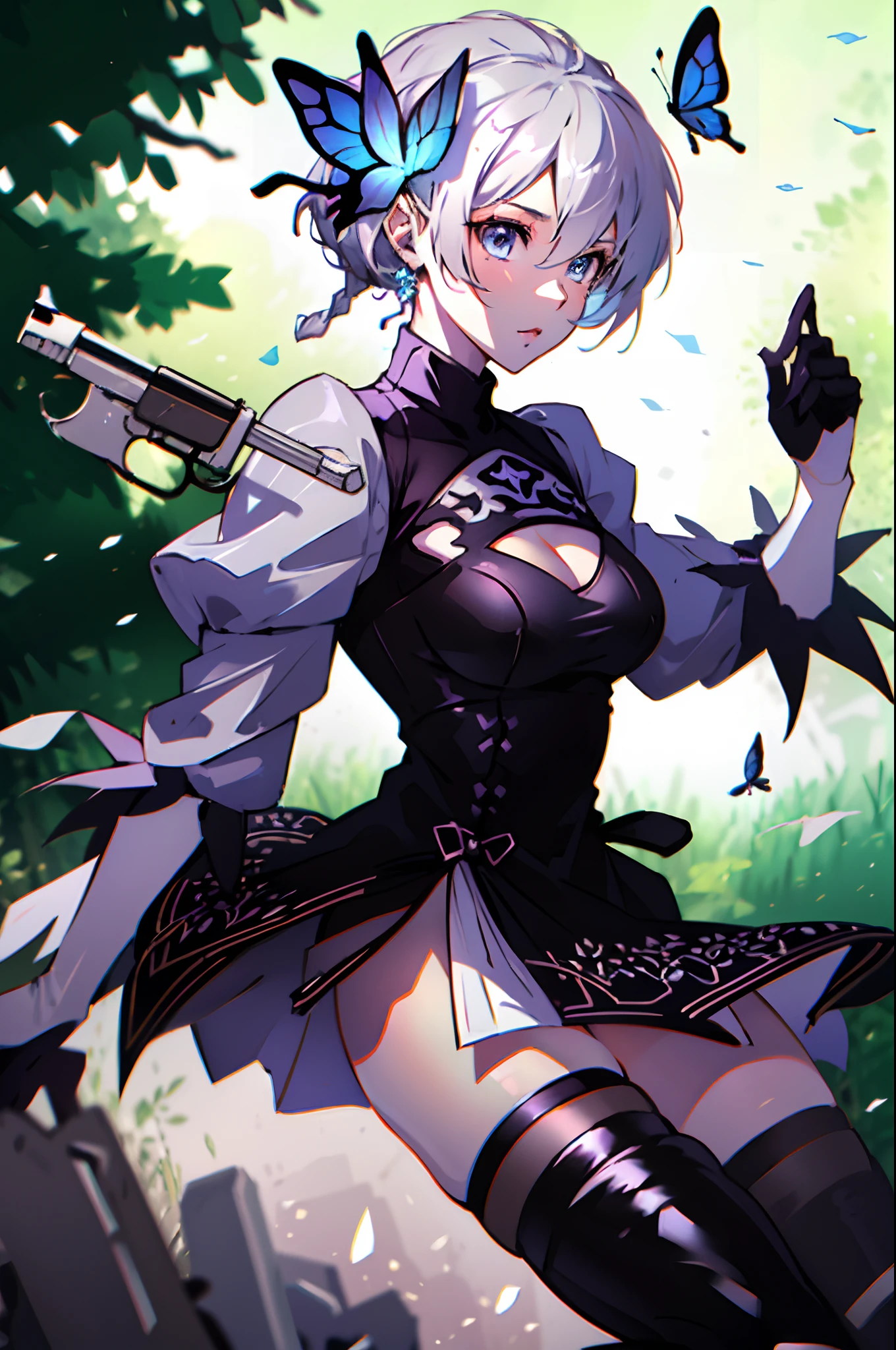 Octane Render、(Hyper-detailing: 1.15)、cinematic lightening、Cute Fantasy Princess、Handgun shooting practice、Fine Pattern Pistol,long boots、ultradetailed eyes、Full Paint、(Floral hair ornament、butterfly hair ornament)、masutepiece、Anatomically correct、blur、depth of fields
