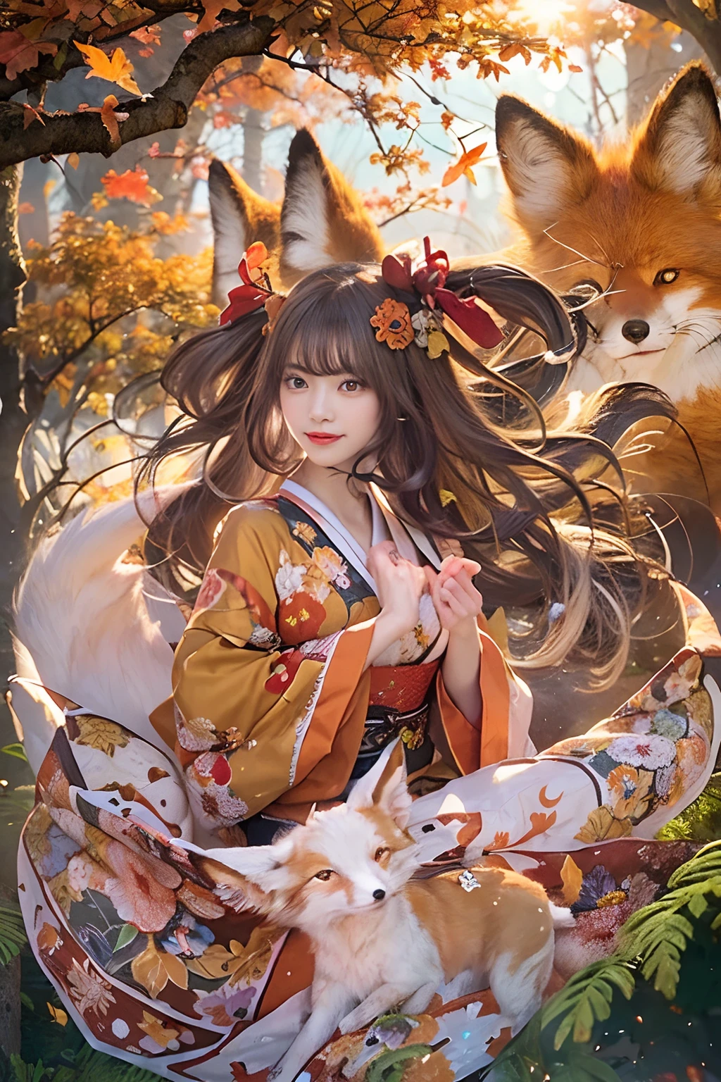 Two-shot photo of a girl and a fox,(Fantasia,Kitsune Yokai Four-Tailed Heavenly Fox,),(Girl and Fox Yokai: The Tale of the Four-Tailed Heavenly Fox),
(With a girl bent down deep in the forest and looking up,Fox Yokai Two-shot movie of a fox protecting a girl's back Poster of the four-tailed heavenly fox),
(natural soft light.)(Sunlight,),(Sunlight,),(Professional Lighting.),
(glossy light brown and orange two-tone color,,,,,,Wave Shortcut Hair,disheveled hair,),japanese kimono,Geta,Cute round face red lipstick,A cute smile that makes the viewer happy,
autumn forest,Strong wind soaring over dead leaves
Digital Illustration,
(Photorealsitic:1.3),(Raw photo.),
(masutepiece,top-quality,Ultra-high resolution output image,)
(The 8k quality,),(Image Mode Ultra HD,),(Image Mode Ultra HD,),(Sea Art 2.1:1.3,),Japan Anime Fantasy,