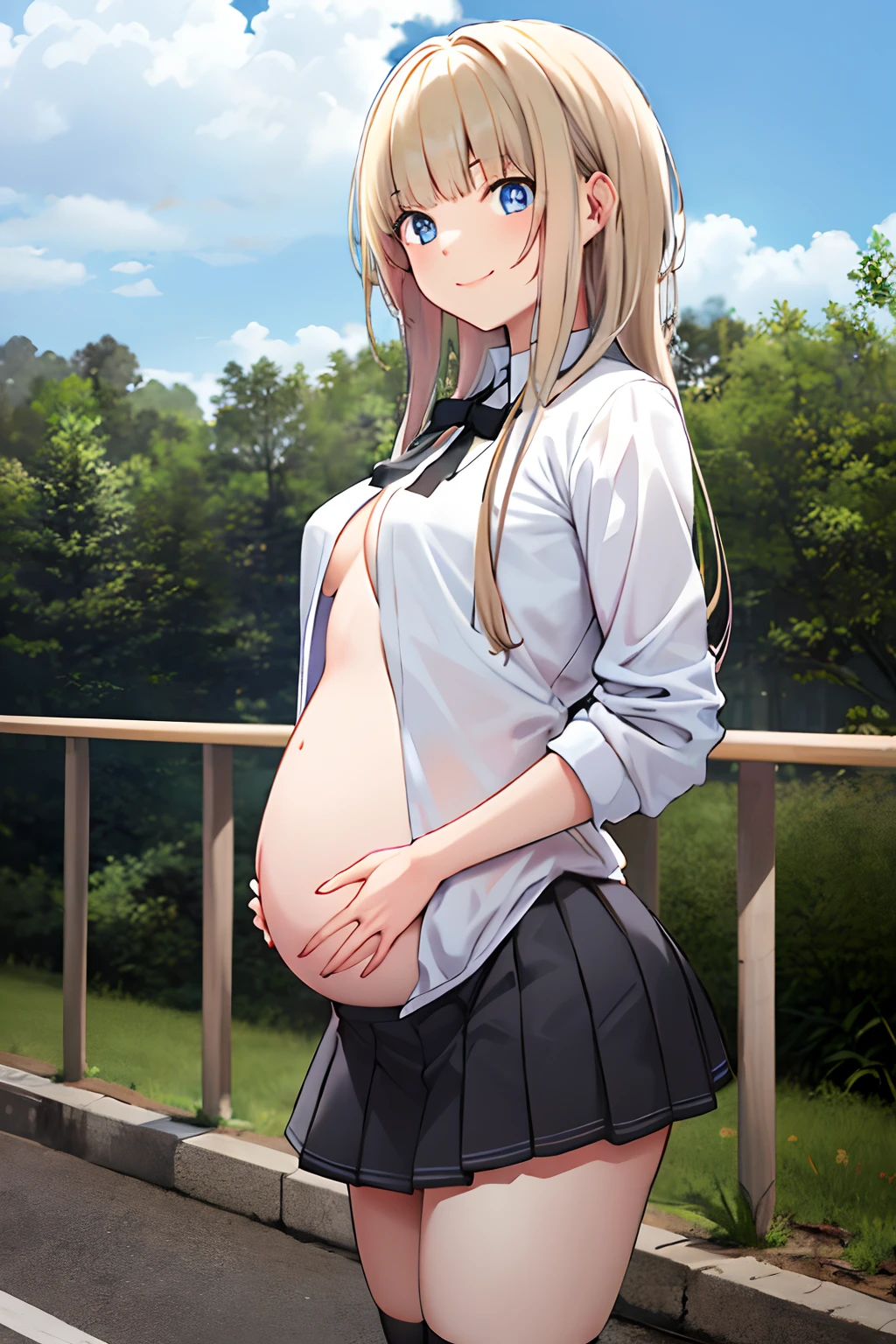 masterpiece, Best quality, High Definition, KR1, Blue eyes, Smile,Bangs, White shirt, Black skirt, Standing with finger prick, Pleated skirt, Socks, Small tits, Blonde, Cowboy shot, pregnant