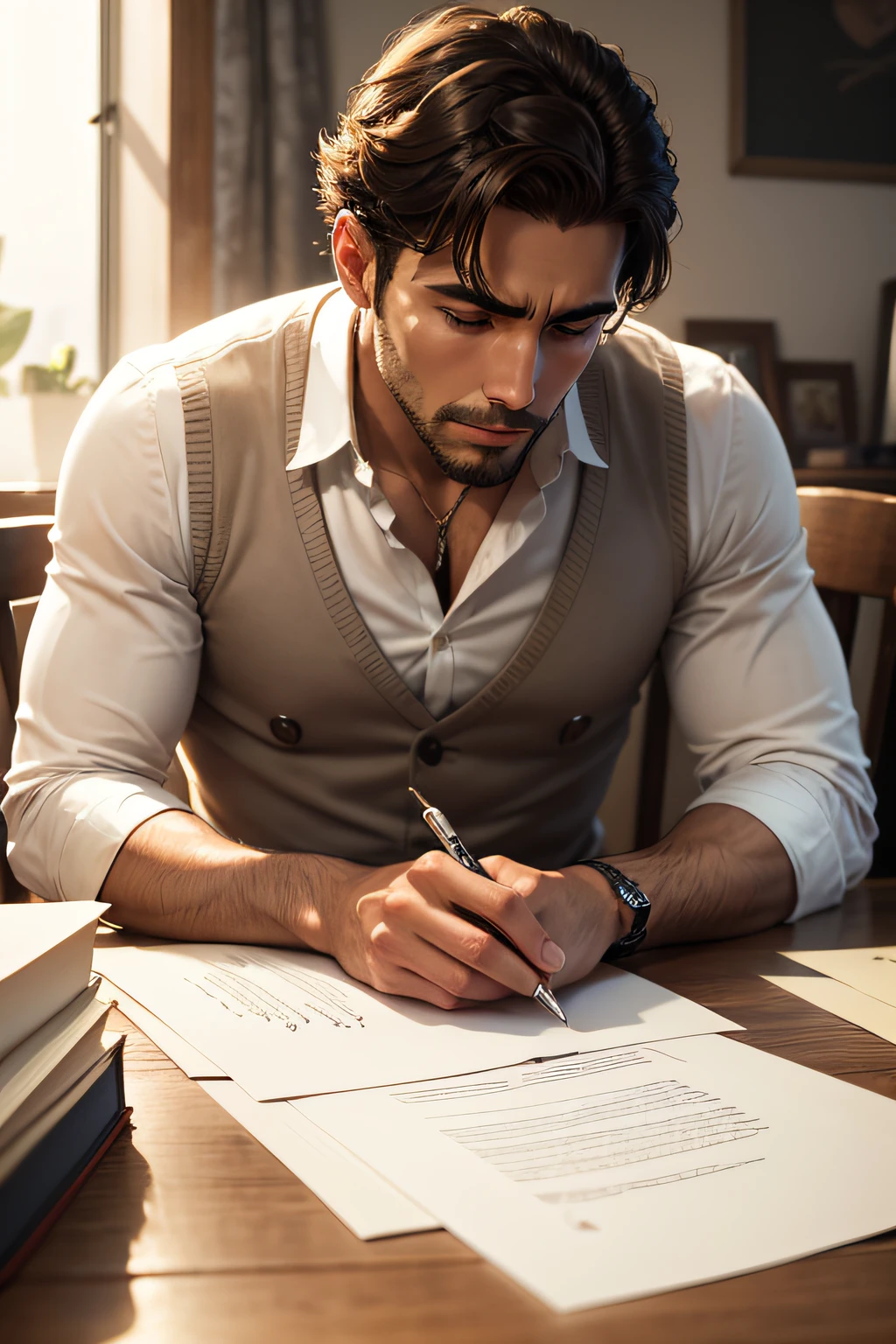 an handsome man named Ernesto, sat on a table, writing a letter on white paper