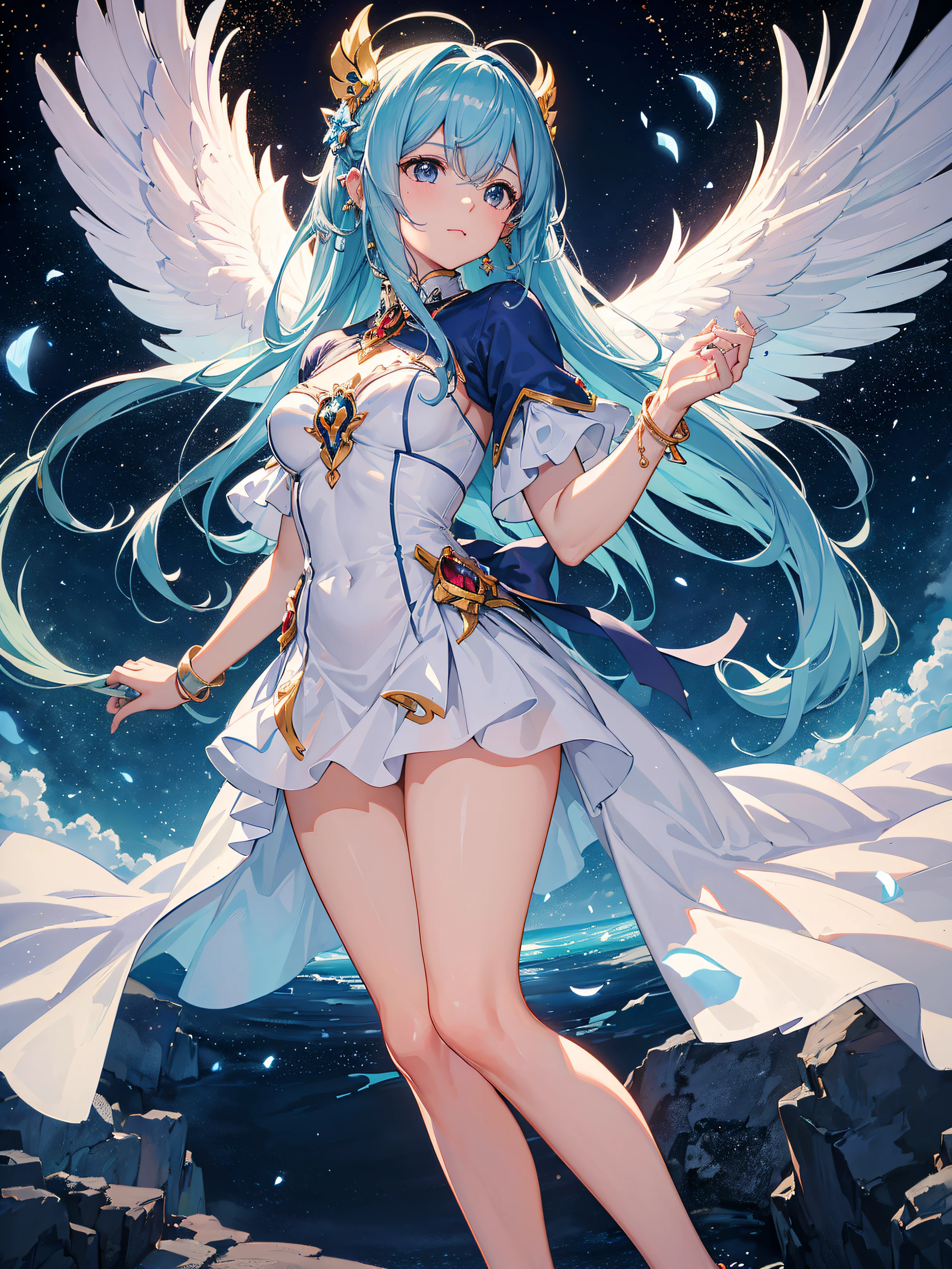 imagem da mais alta qualidade, (master part), (circunstanciado: 1.4), desenho perfeito, (ultra-realistic), Fotografia de paisagem expansiva, (a view from below that shows the sky above and the greatness of the character), Elesis,  Elesis de grand chase, full body, (fonte de luz fria: 3.2), detalhes complexos, sozinho, olhando de cima, cabelo em movimento, Olhar penetrante, (Cores iridescentes: 1.2), (clear lighting, Atmospheric Illumination), 4k, sozinho